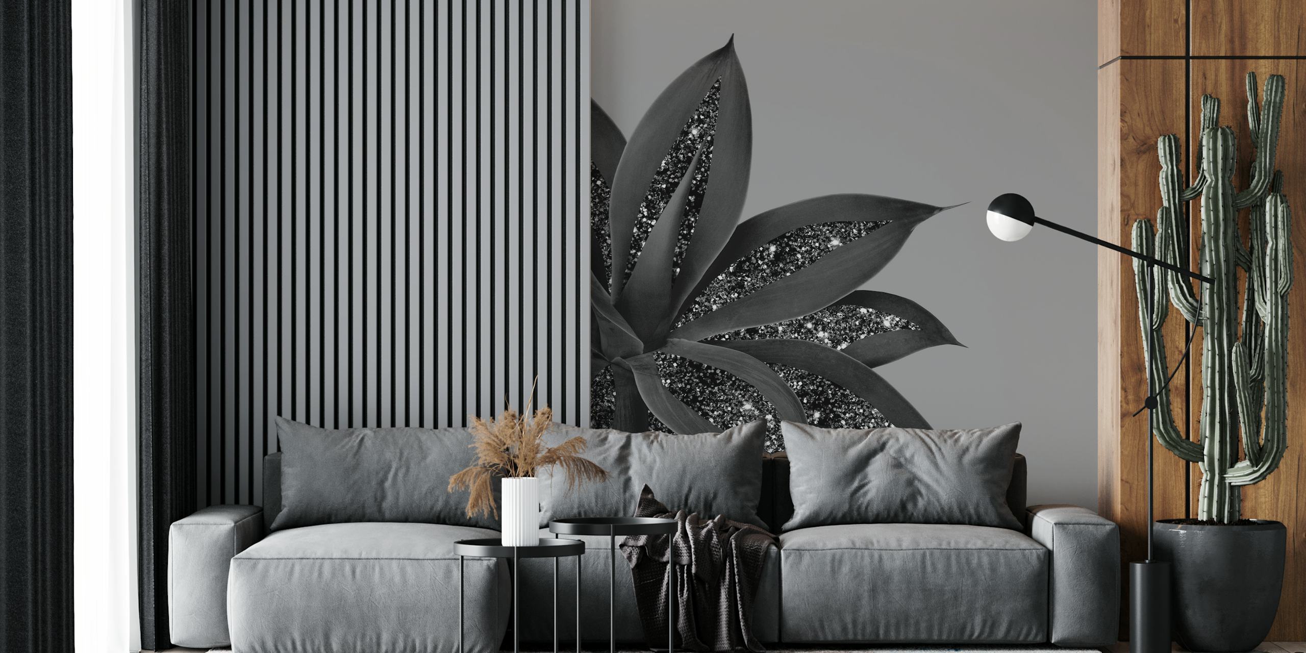Black glitter agave leaves on a gray background wallpaper