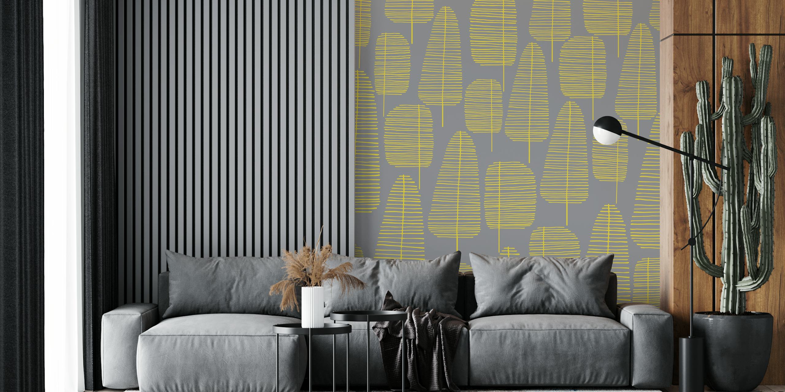 Mid-century modern style forest wall mural with stylized trees and geometric patterns