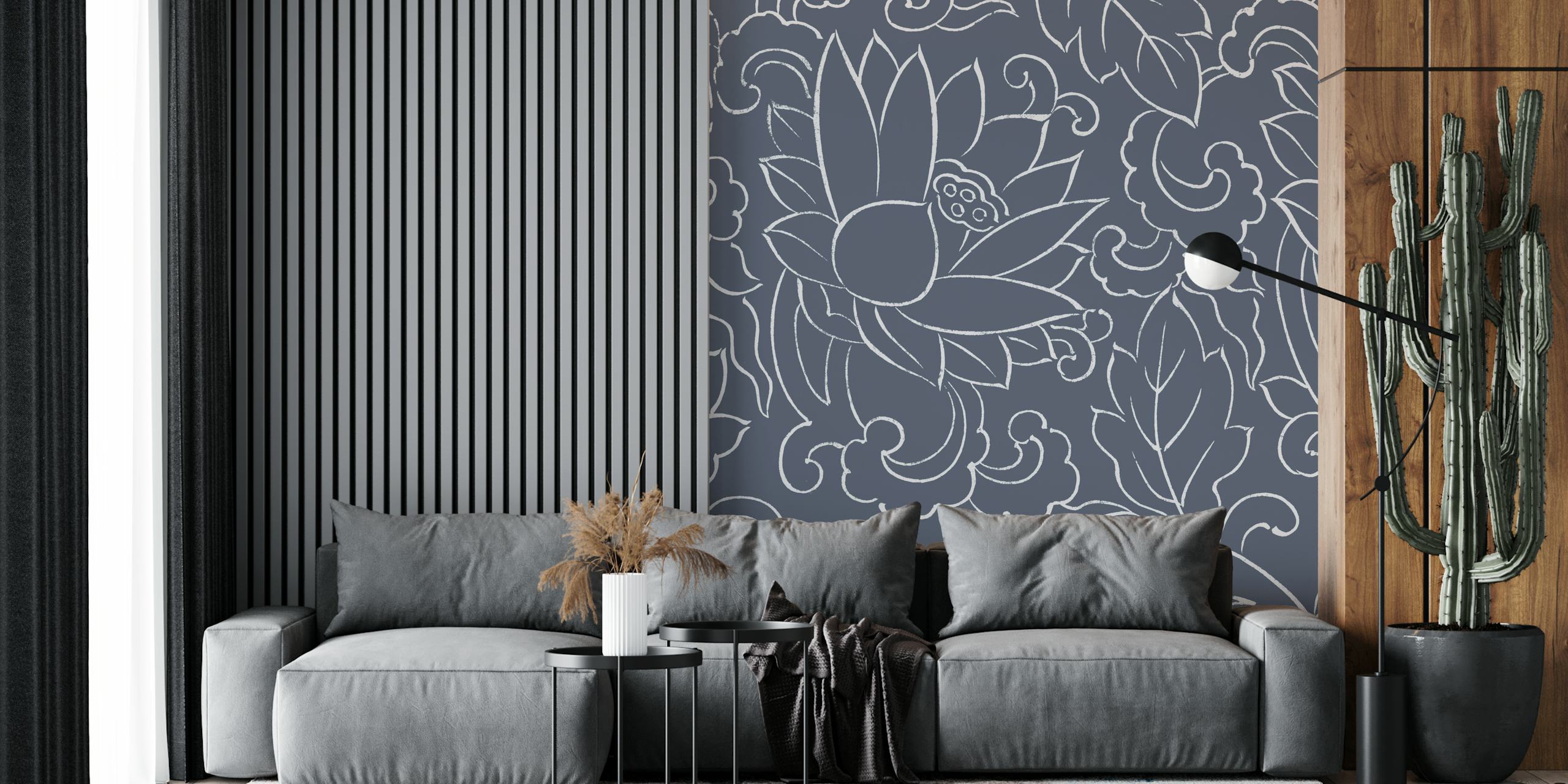 Blue-grey lotus flower wallpaper in a room
