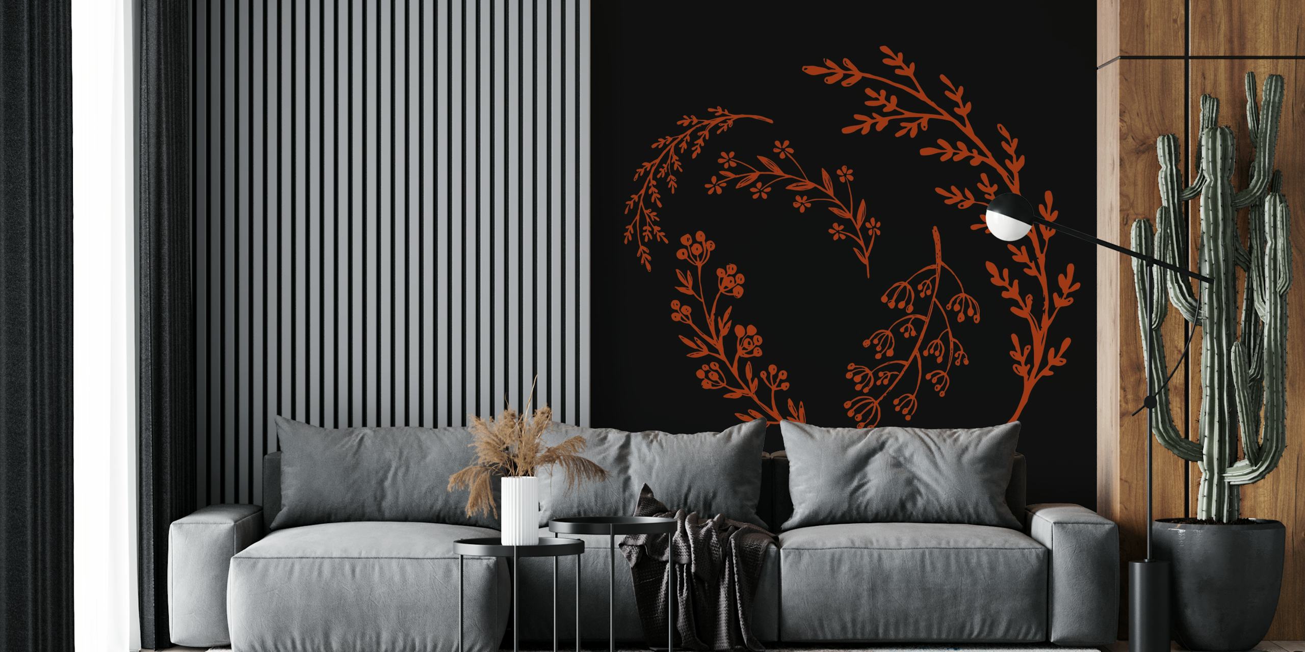 Red hand drawn vintage floral design with stems on black wallpaper