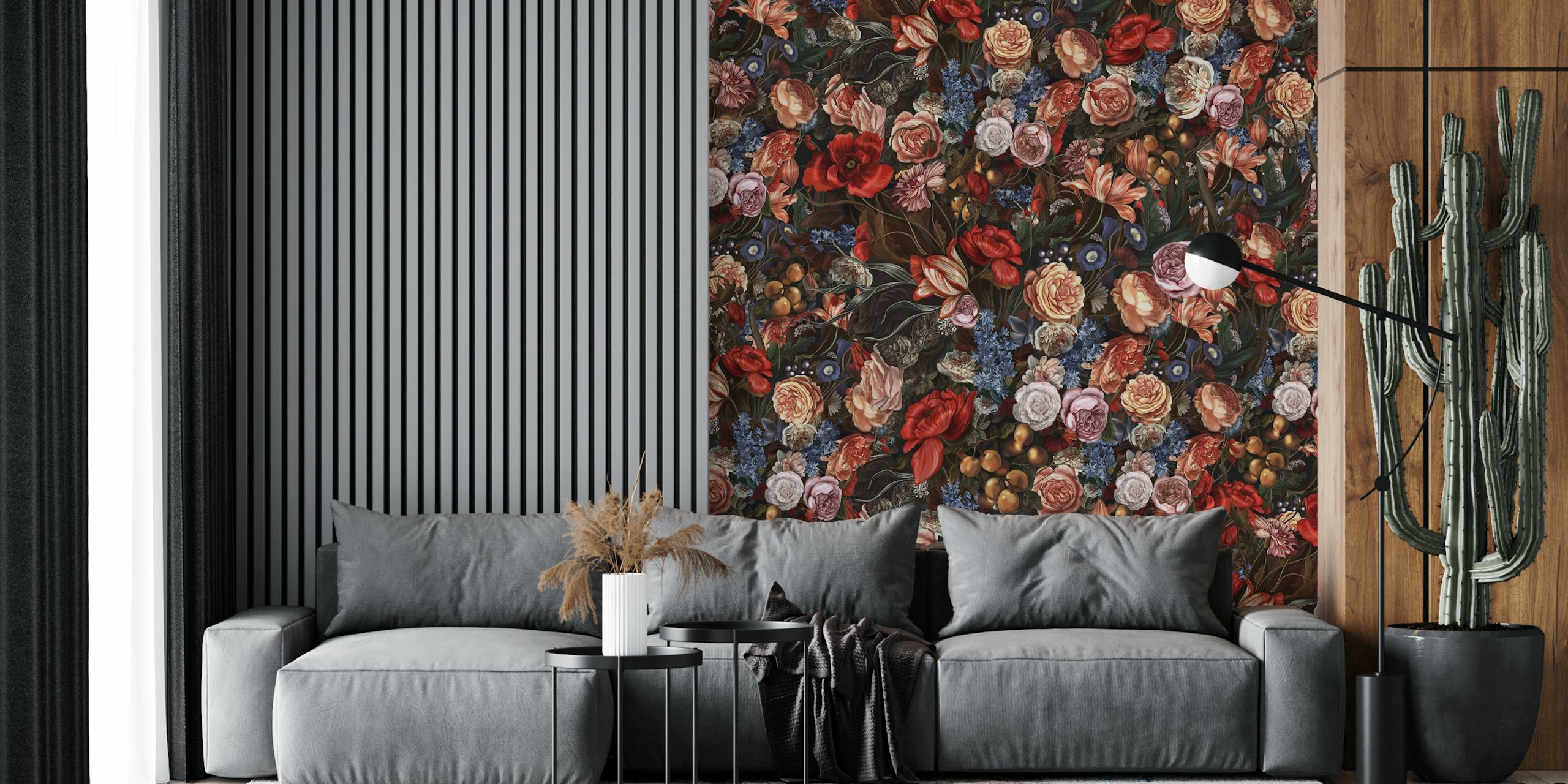 Floral pattern with roses, peonies, and blue flowers on dark background wallpaper