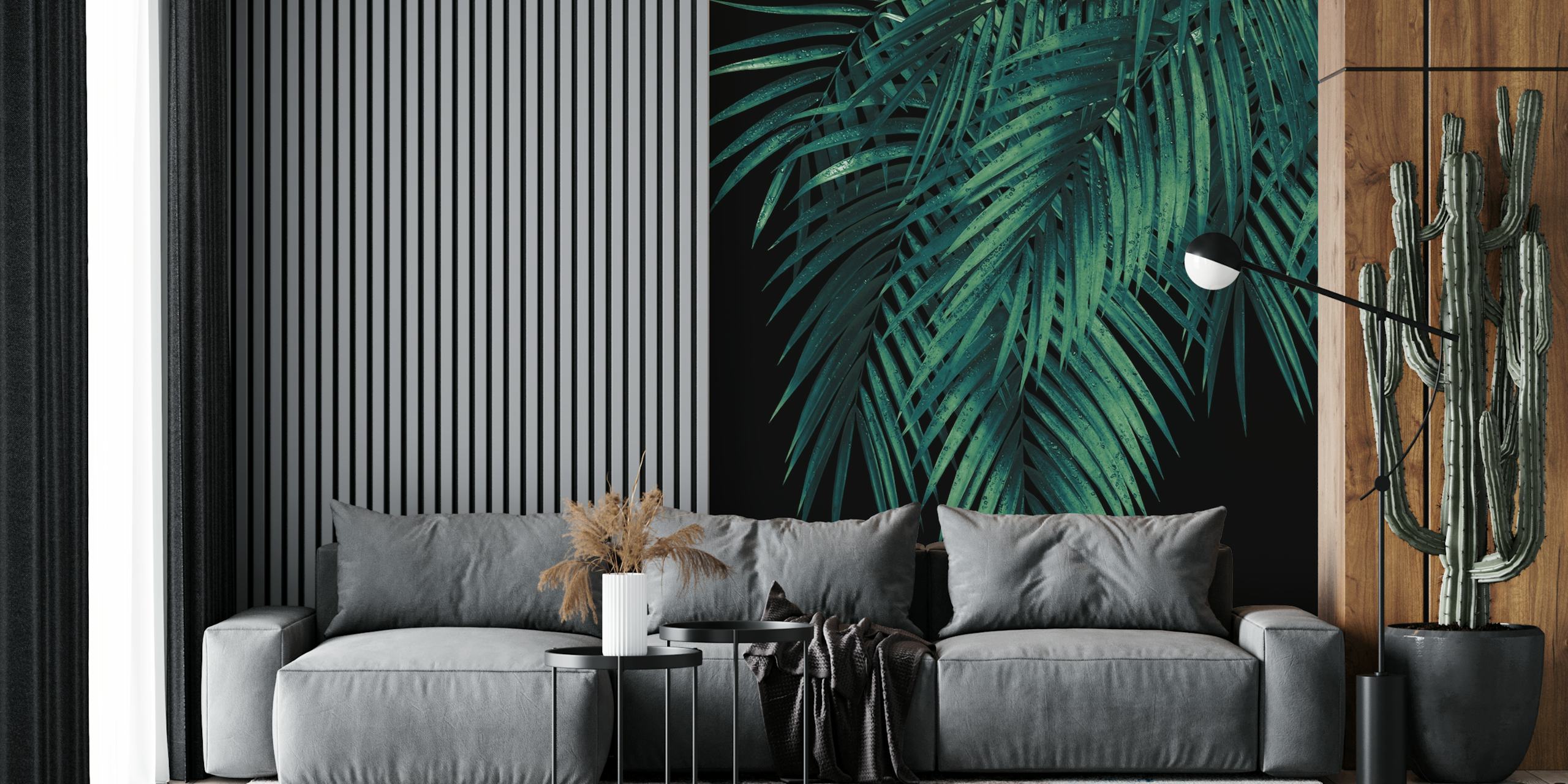 Verdant palm leaves against a dark night backdrop wall mural