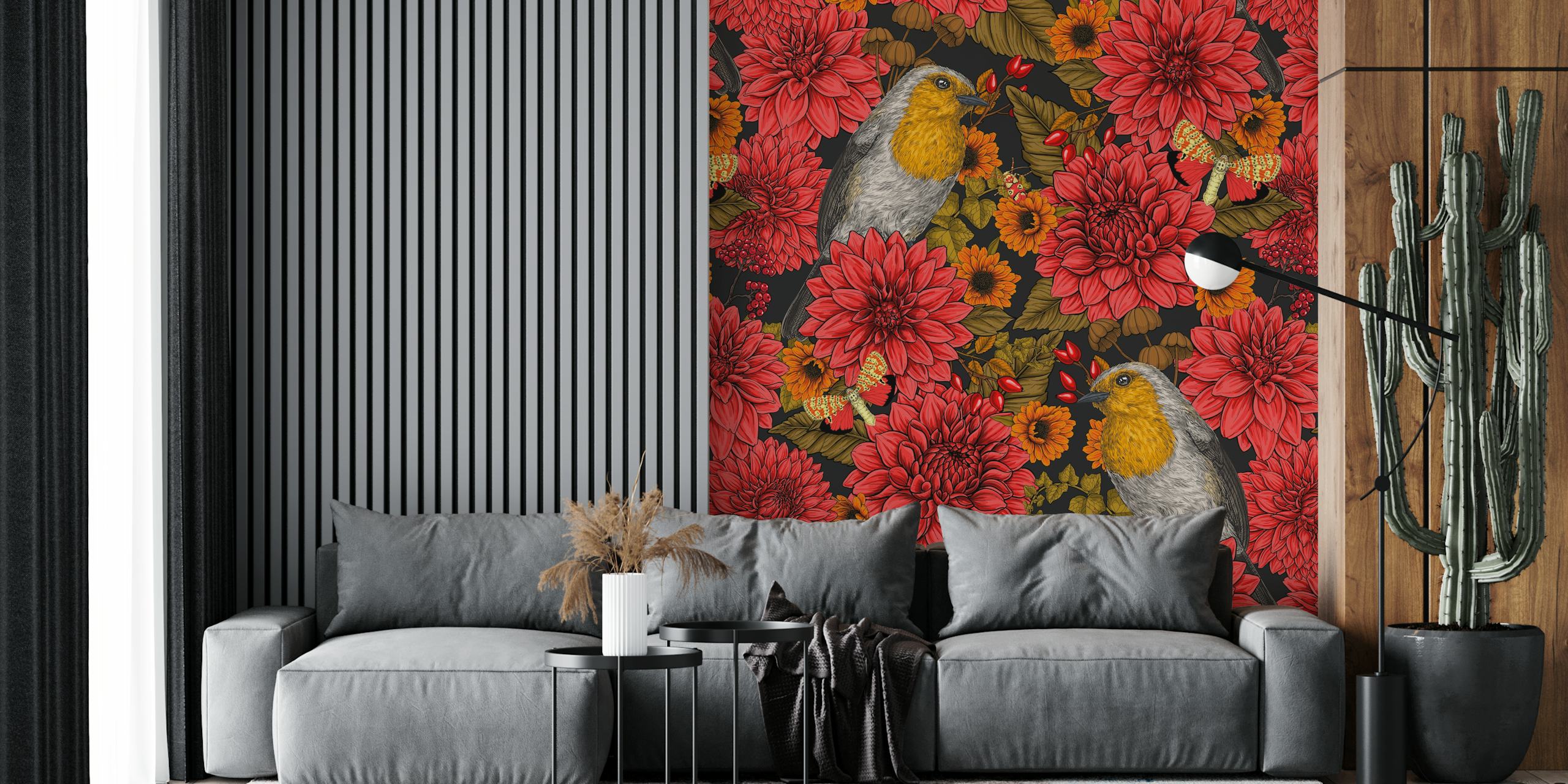 Colorful robins and flowers on a dark background wallpaper