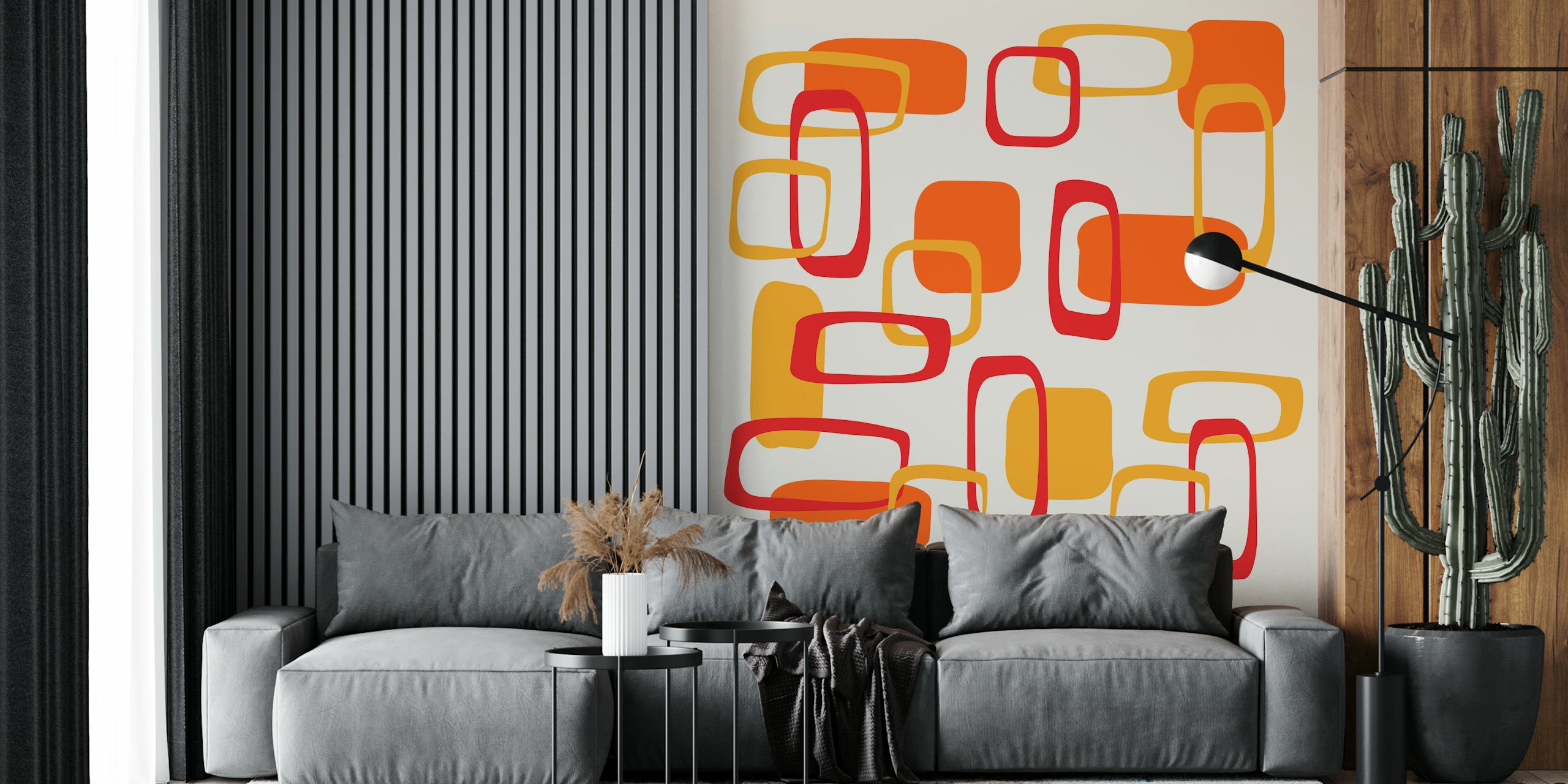 Retro-inspired wall mural with mid-century squares in 70s colors