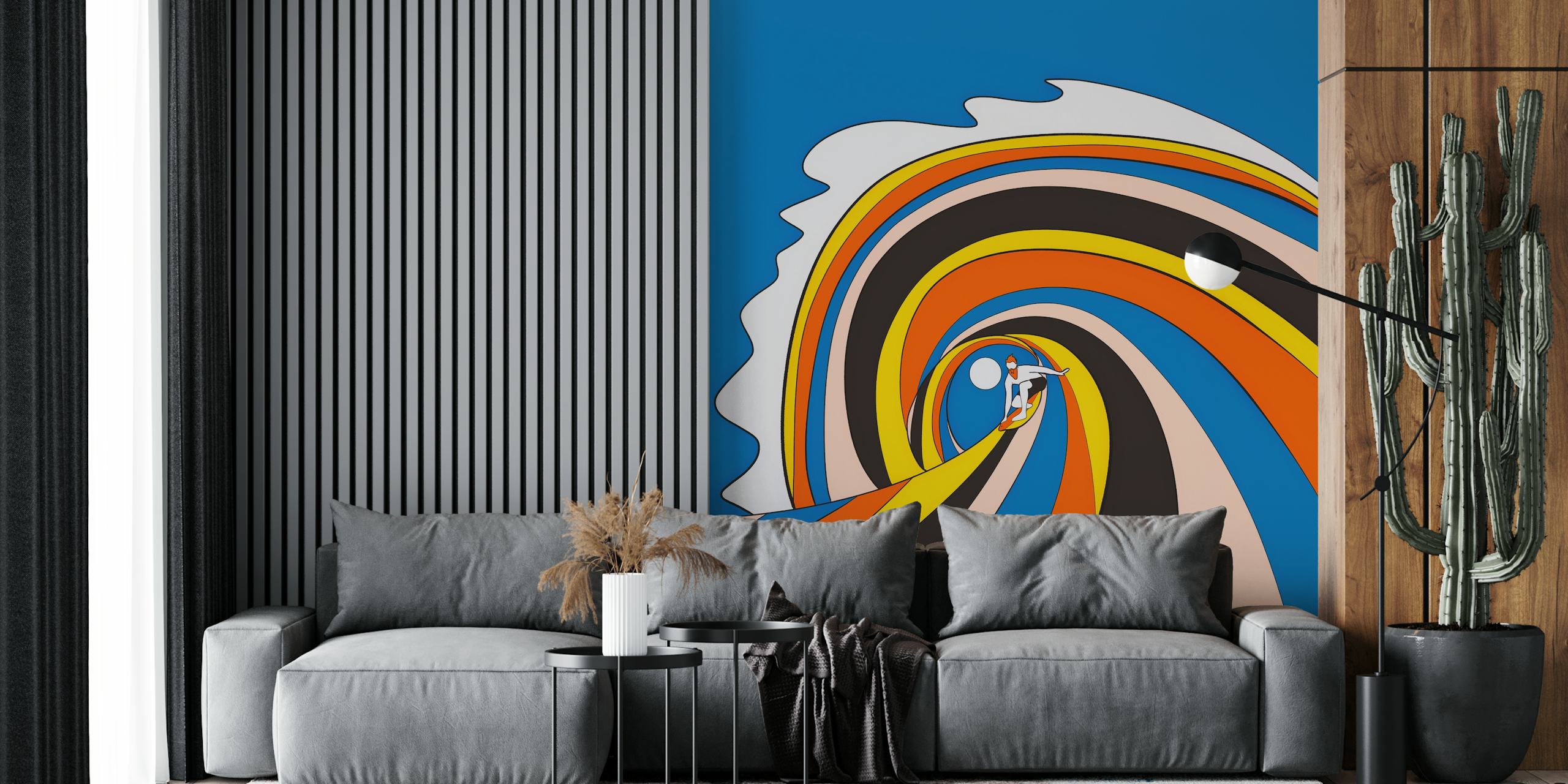Colorful surfing wave illustration featuring blue, orange, yellow, and black tones in a modern wallpaper.