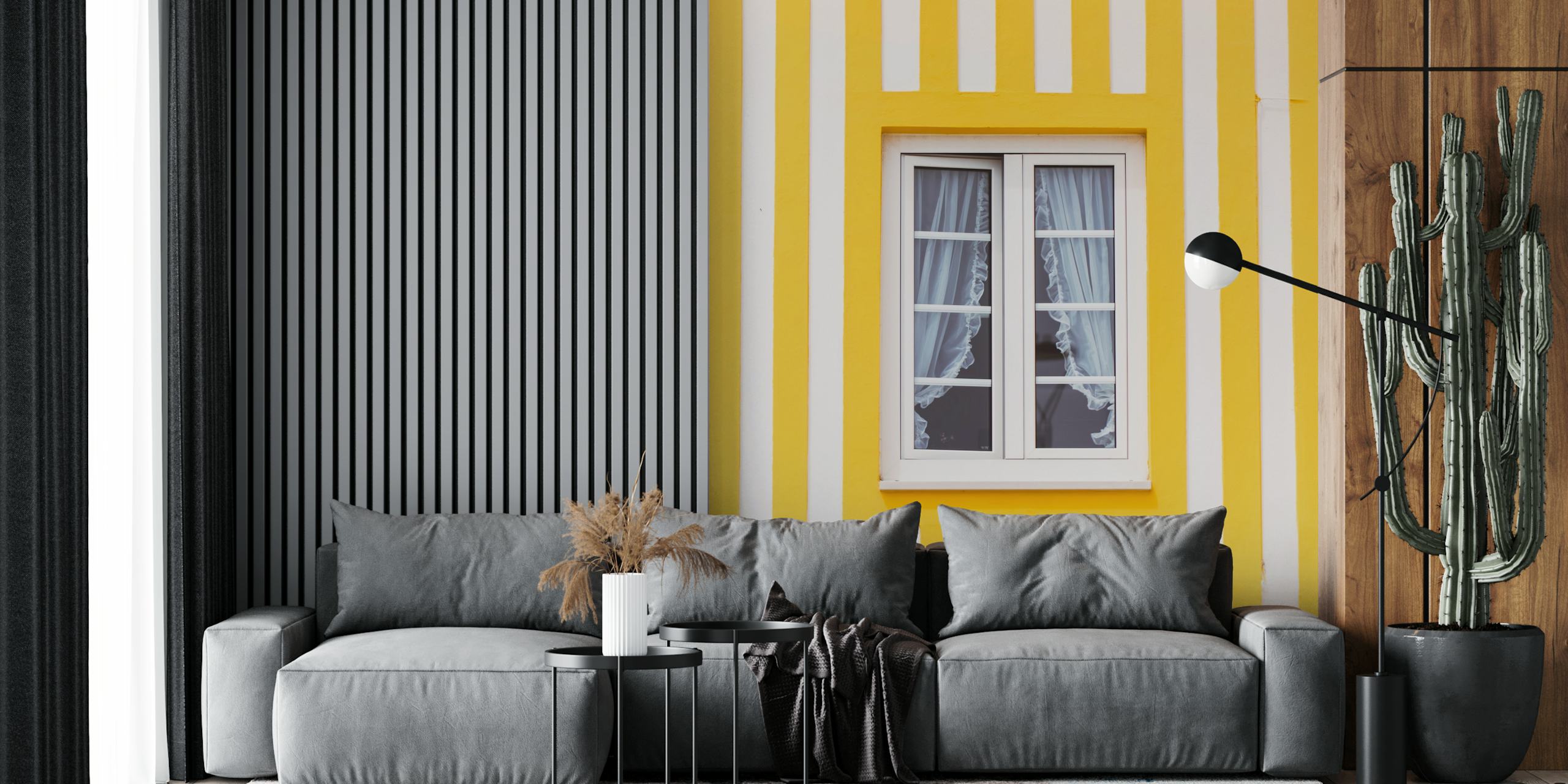 Yellow and white striped wall mural with centered window