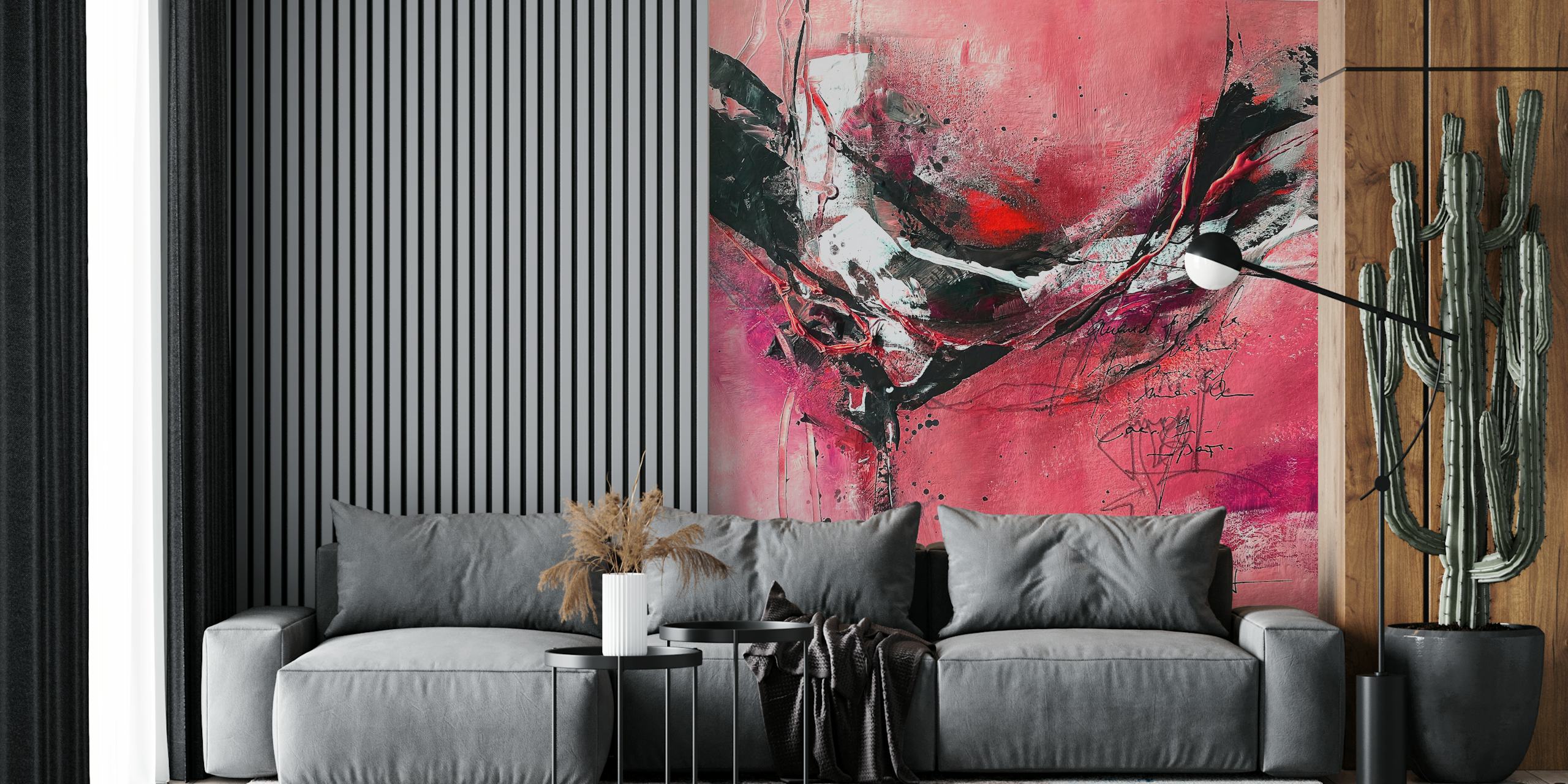 Abstract Art Red Passion -seinämaalaus dynaamisilla punaisilla, vaaleanpunaisilla ja mustilla viivoilla