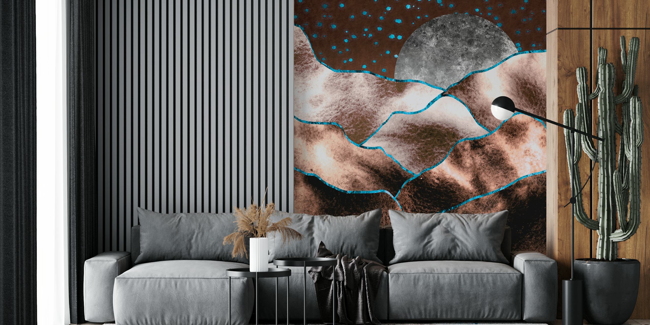 Abstract Copper Mountains wall mural with blue accents and a moon