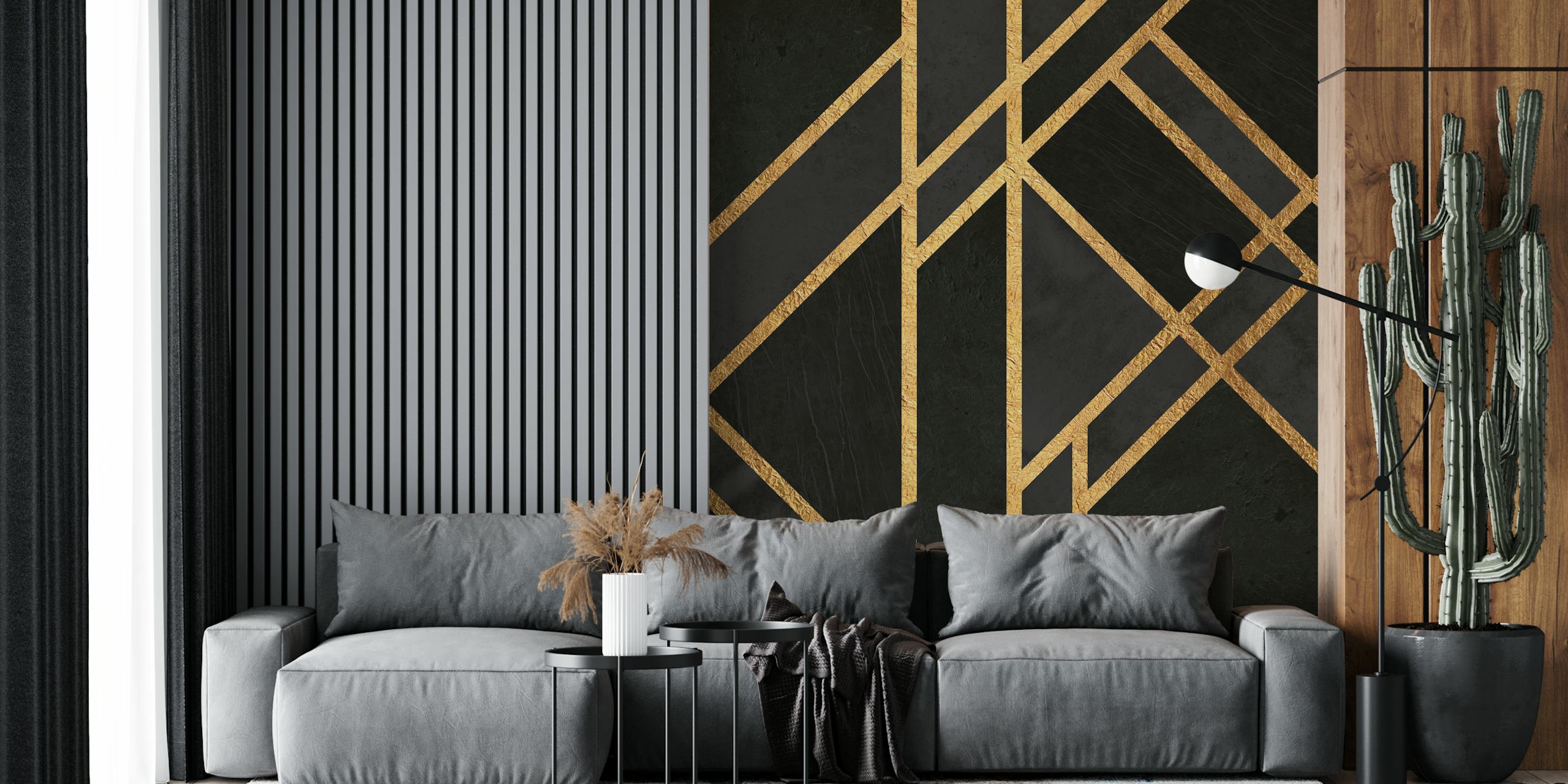 Urban Black Art Deco wall mural with gold geometric patterns on a black background