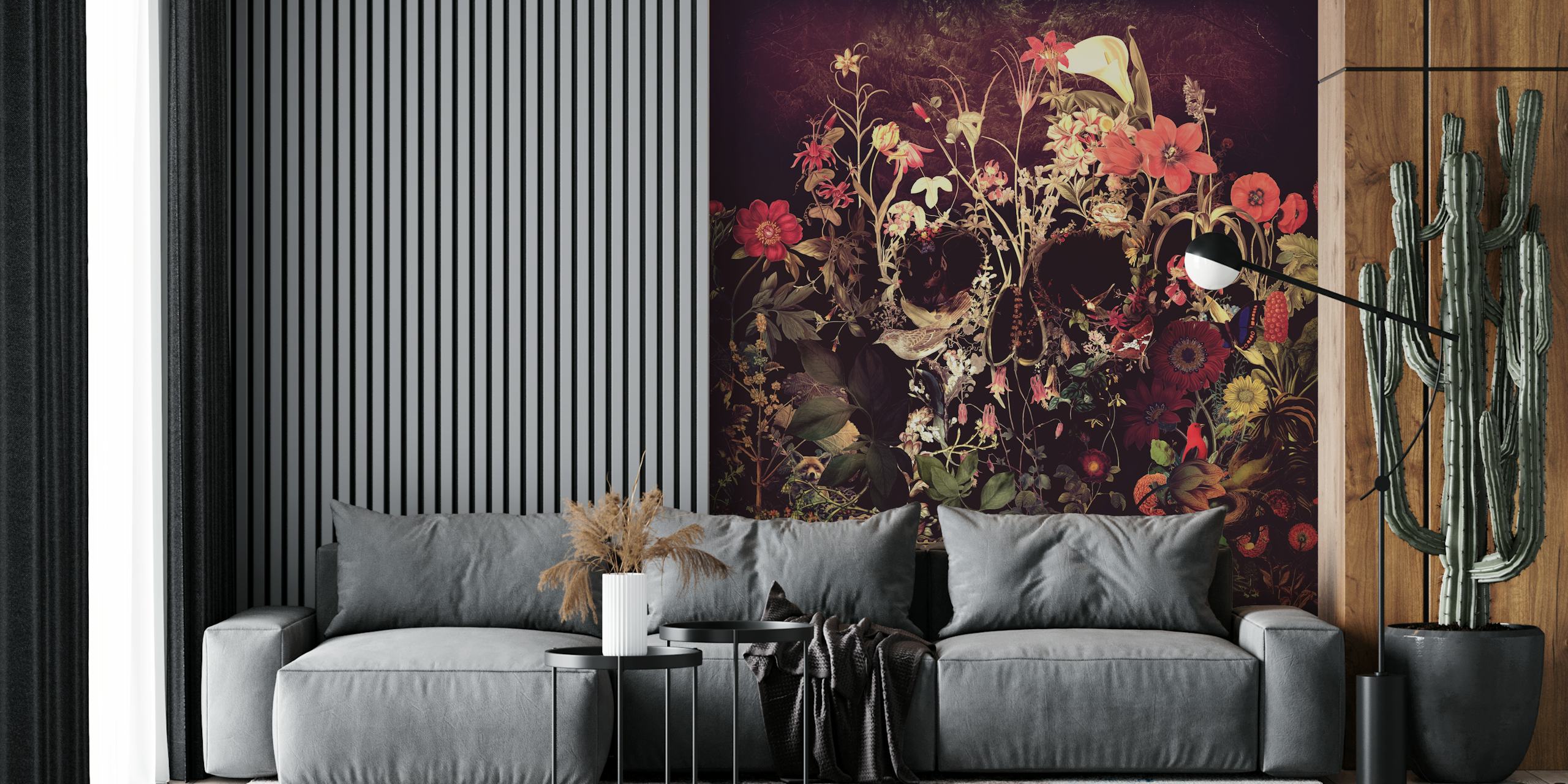 En mörk, blommig tapet med en dold dödskalledesign bland livfulla blommande blommor