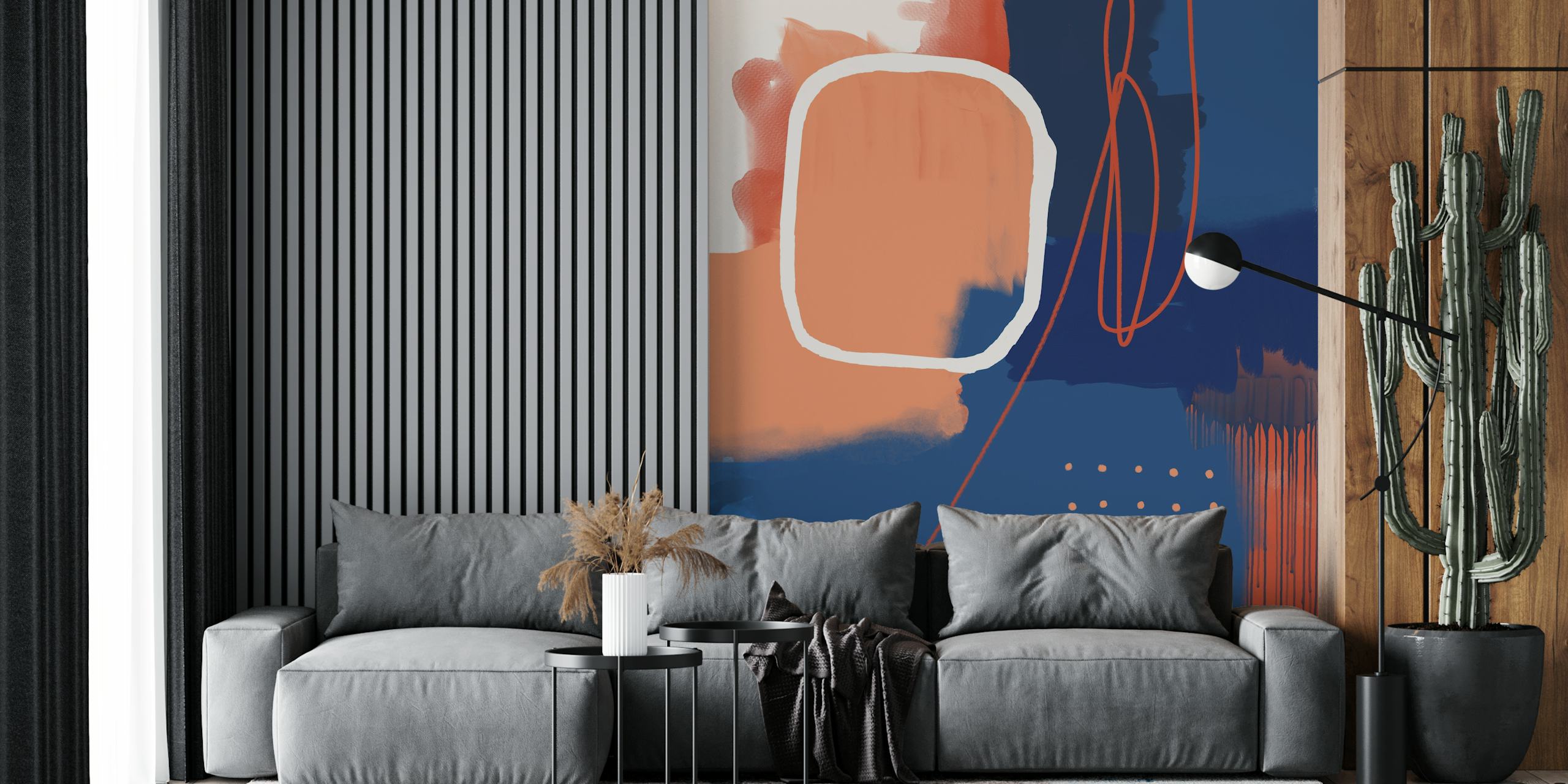 Abstract wallpaper with orange, blue, and white brushstrokes and shapes