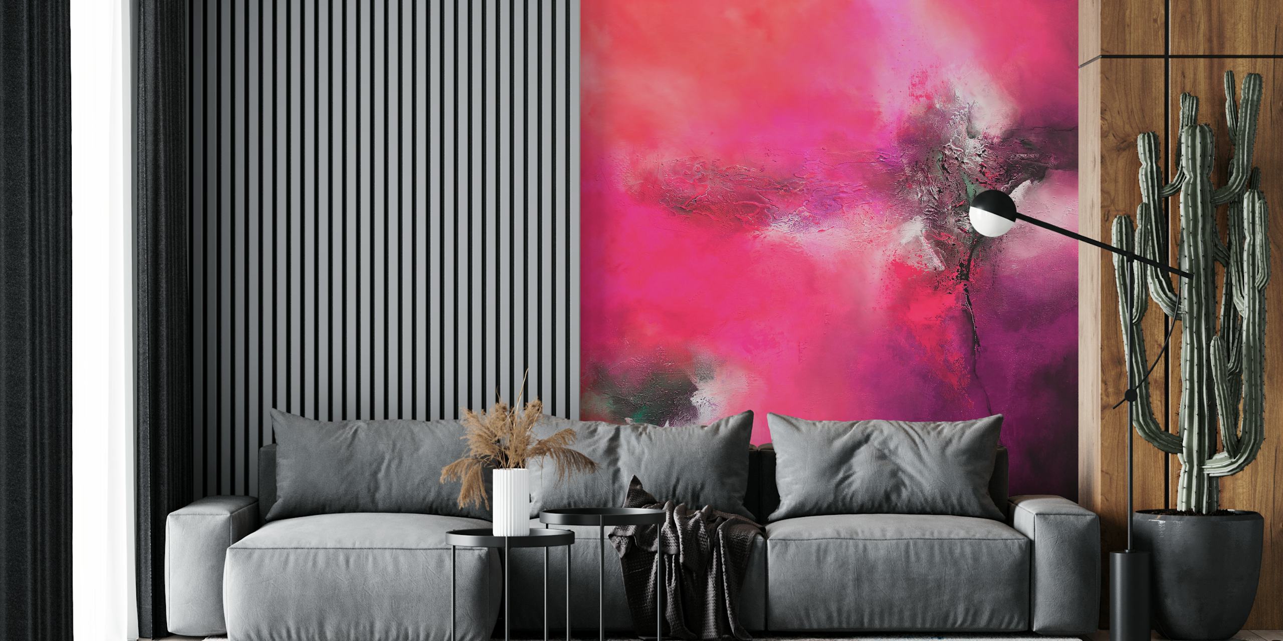Abstract wall mural with vibrant pink and gray shades, resembling expressive art