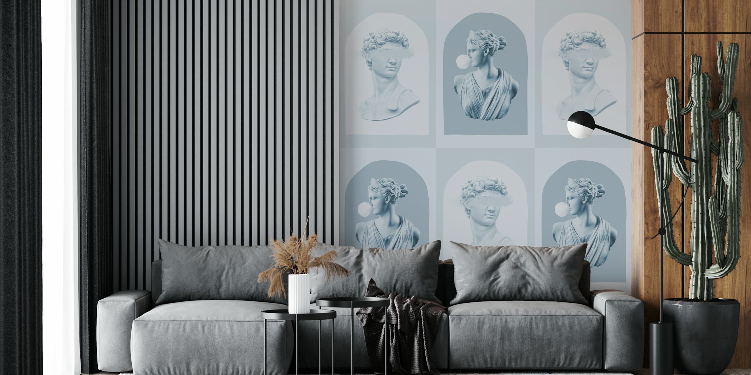 Blue David and Artemis wallpaper displayed in a room