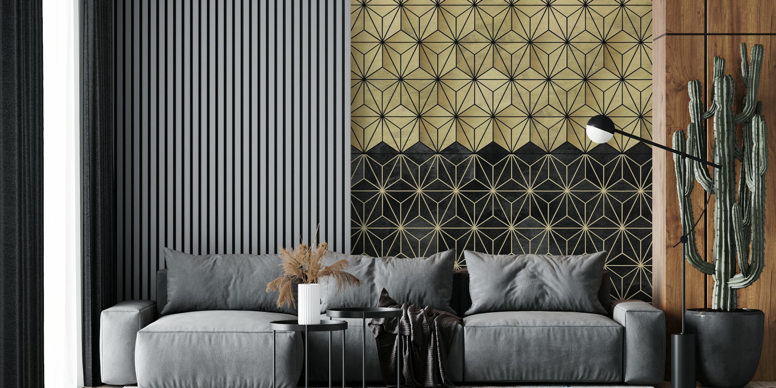 Gull og svart geometrisk mønstret veggmaleri fra happywall.com