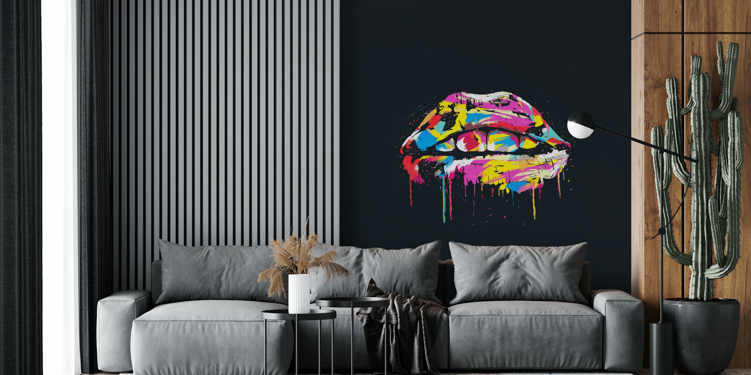 Colorful lips with bright paint drips against a black background wallpaper