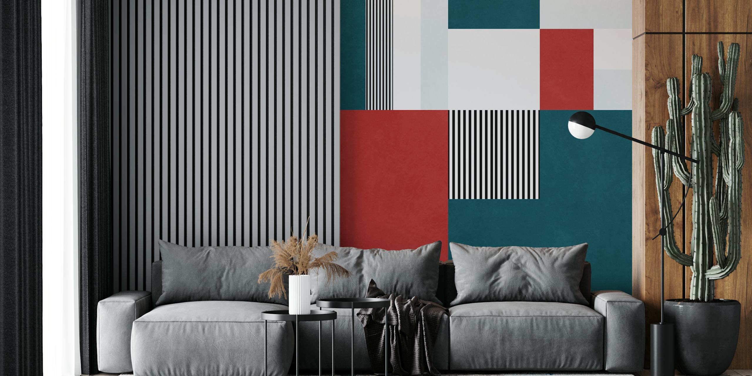 Abstract geometric wall mural with red, green, and neutral tones