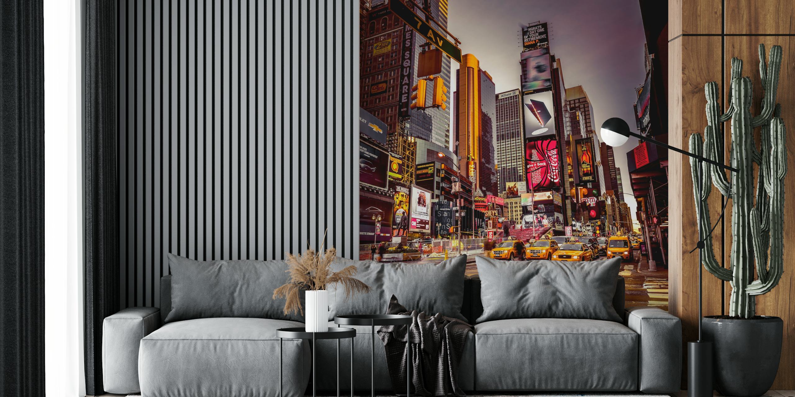 Cityscape mural with neon lights and buildings in urban setting wallpaper