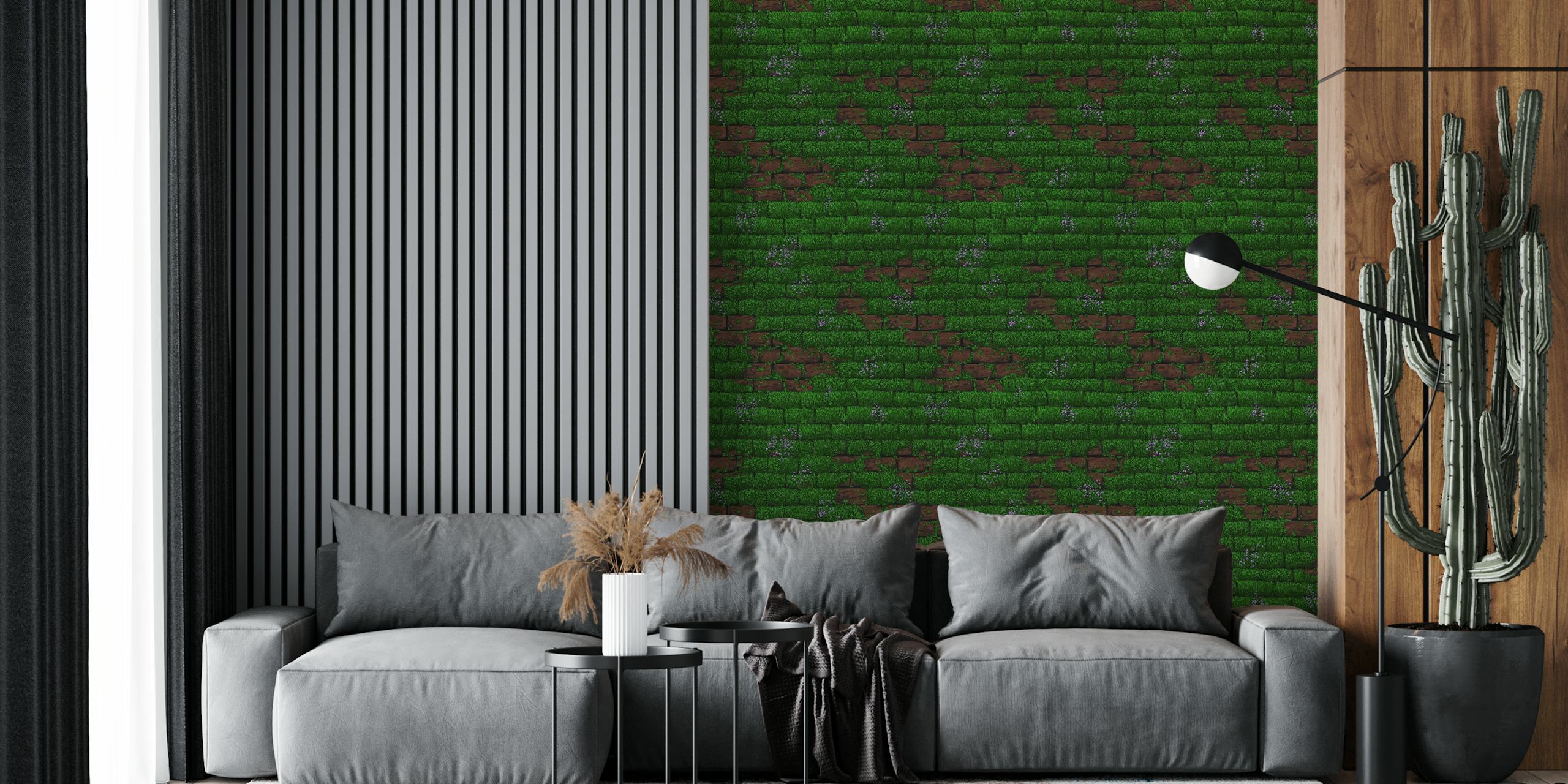 Uma representação texturizada de musgo verde crescendo em uma parede de tijolos desgastados.