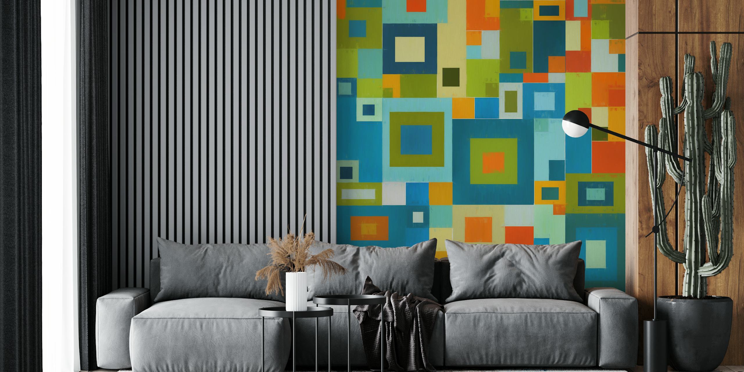 Colorful squares wallpaper in a modern room
