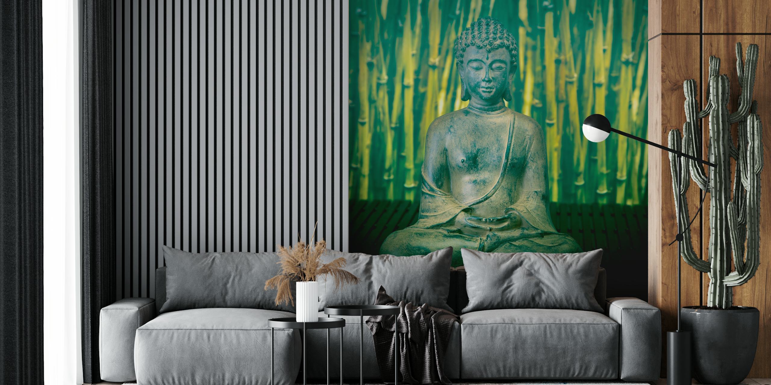 Buddha statue with green bamboo background wallpaper