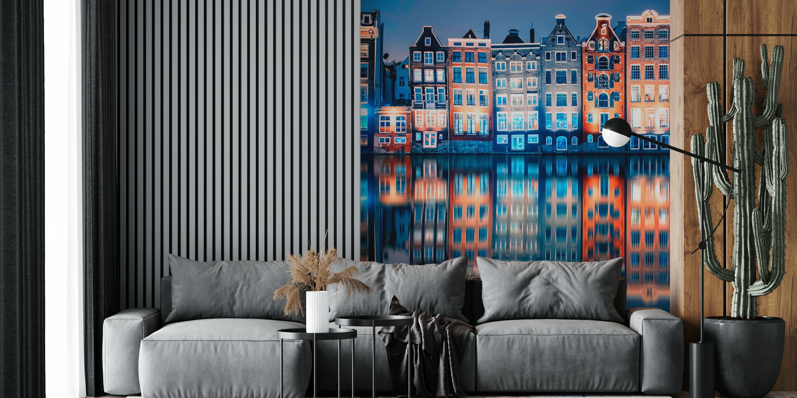 Amsterdam canal night scene wallpaper with colorful buildings and reflections