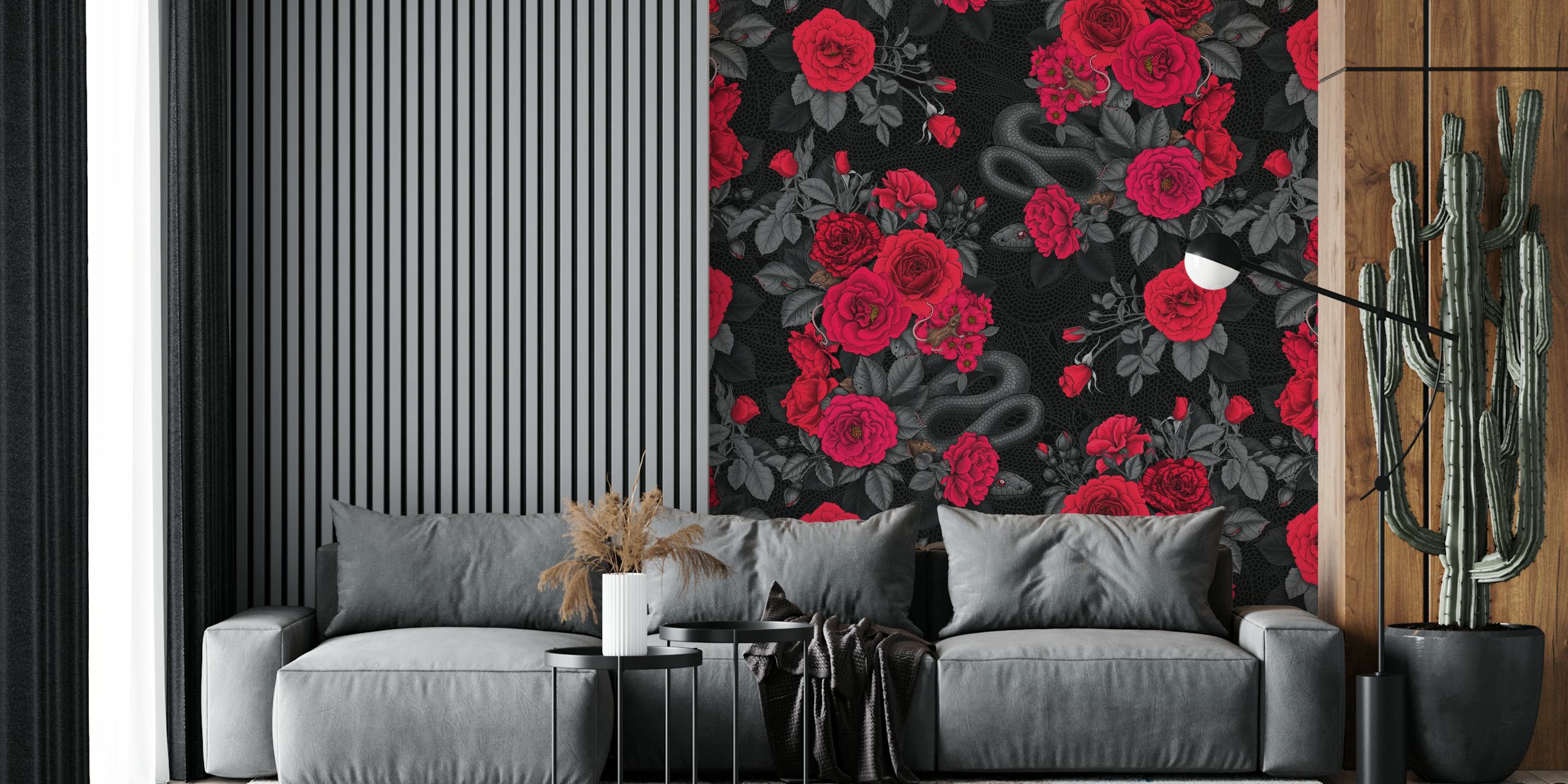 Black wallpaper featuring red roses and a snake design.