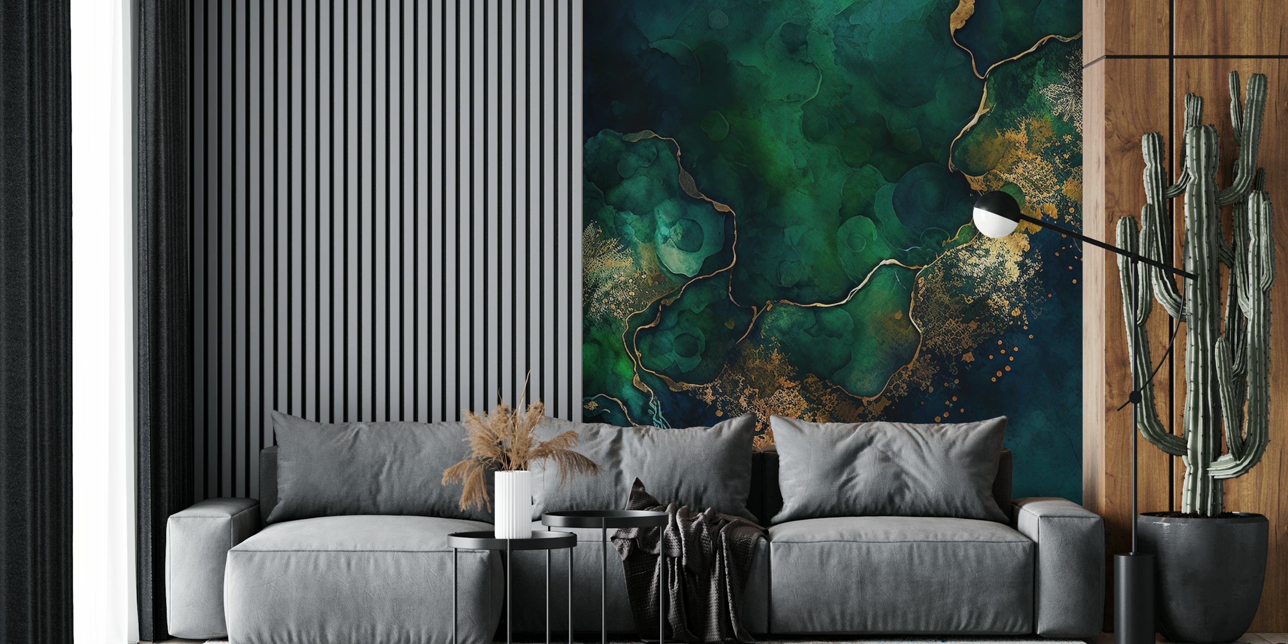 Dark Moody Mystic Marble veggmaleri med virvlende blå og grønne farger med aksenter av jordfarger