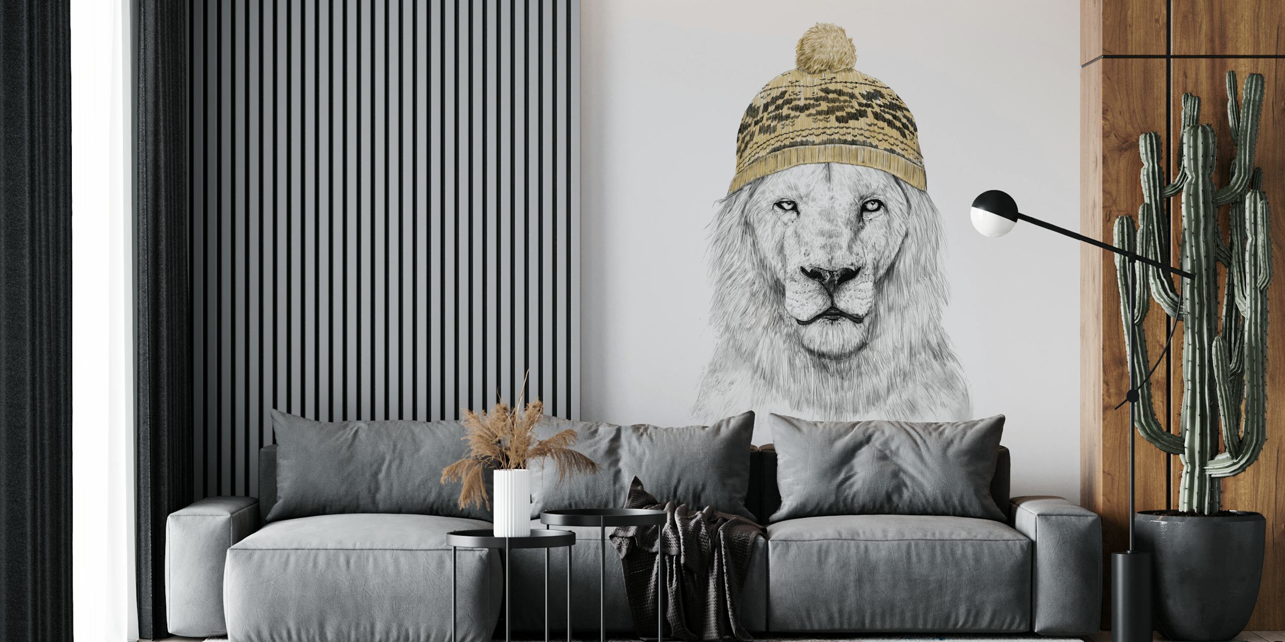 Papel de parede com um inverno lion em um gorro
