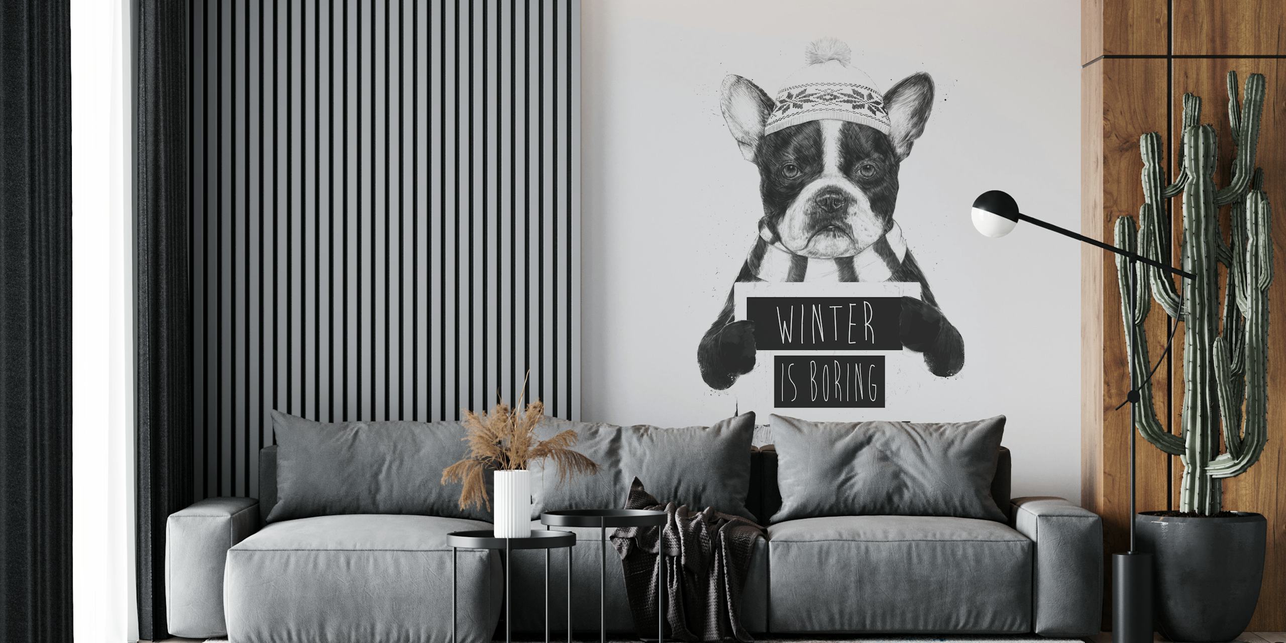 Funny French bulldog in winter hat and scarf with Winter is Boring text wall mural