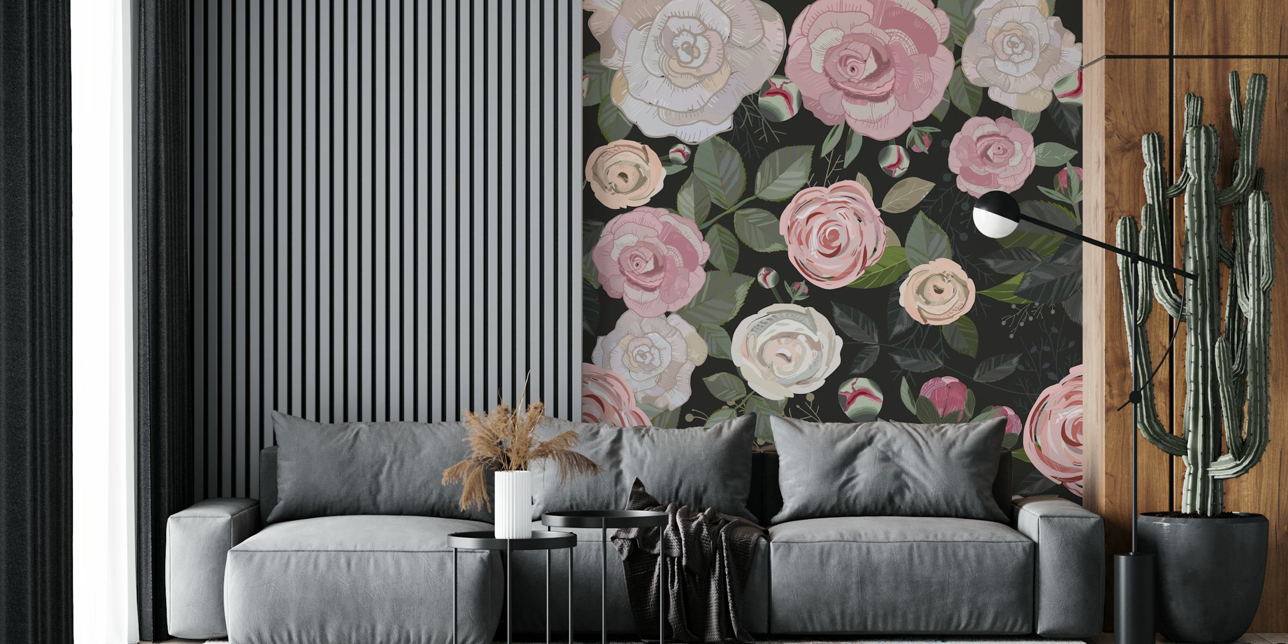 Peony and roses black Tapete in einem Raum