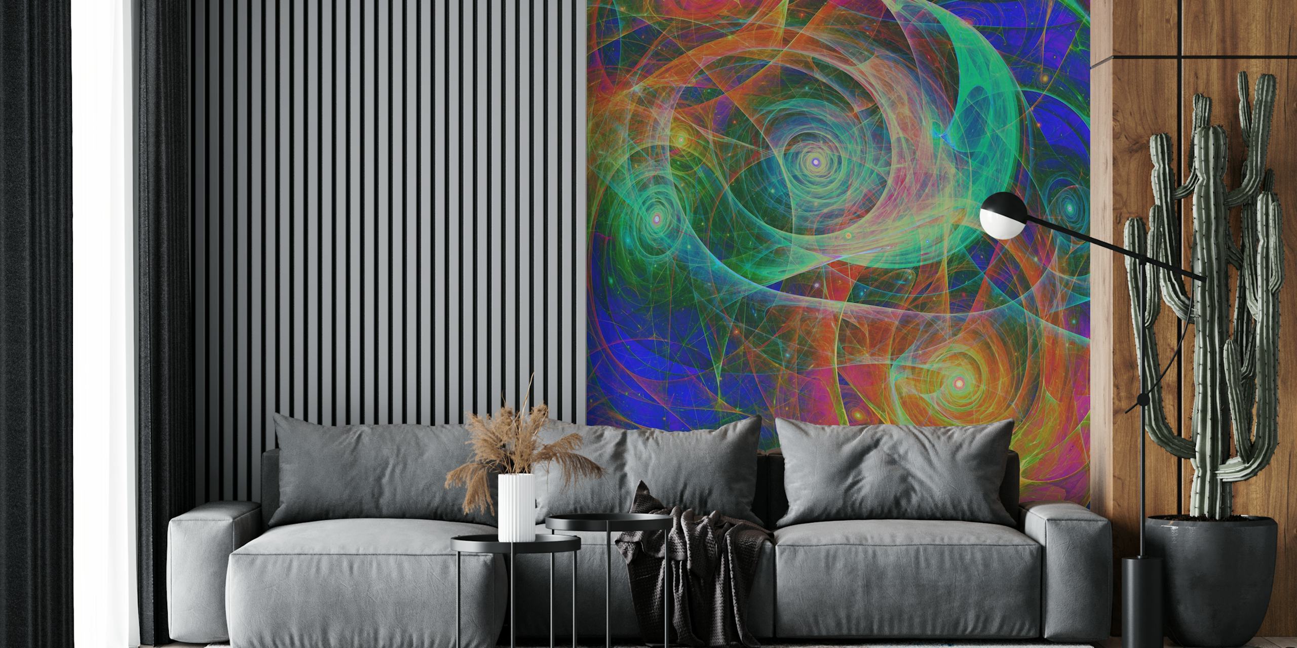 Multicolored vortex wallpaper in a stylish room