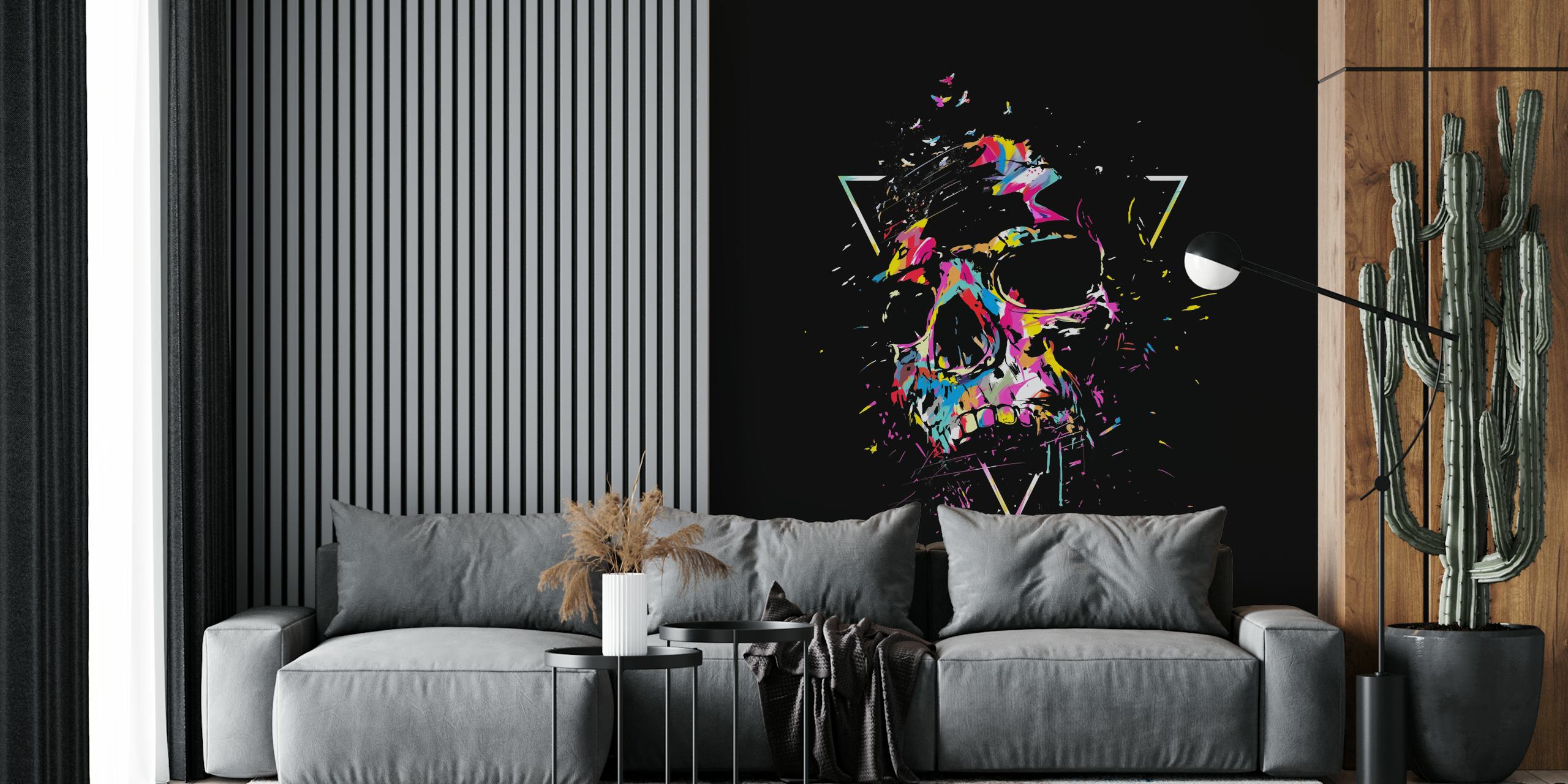 Colorful skull illustration with abstract splash patterns wallpaper