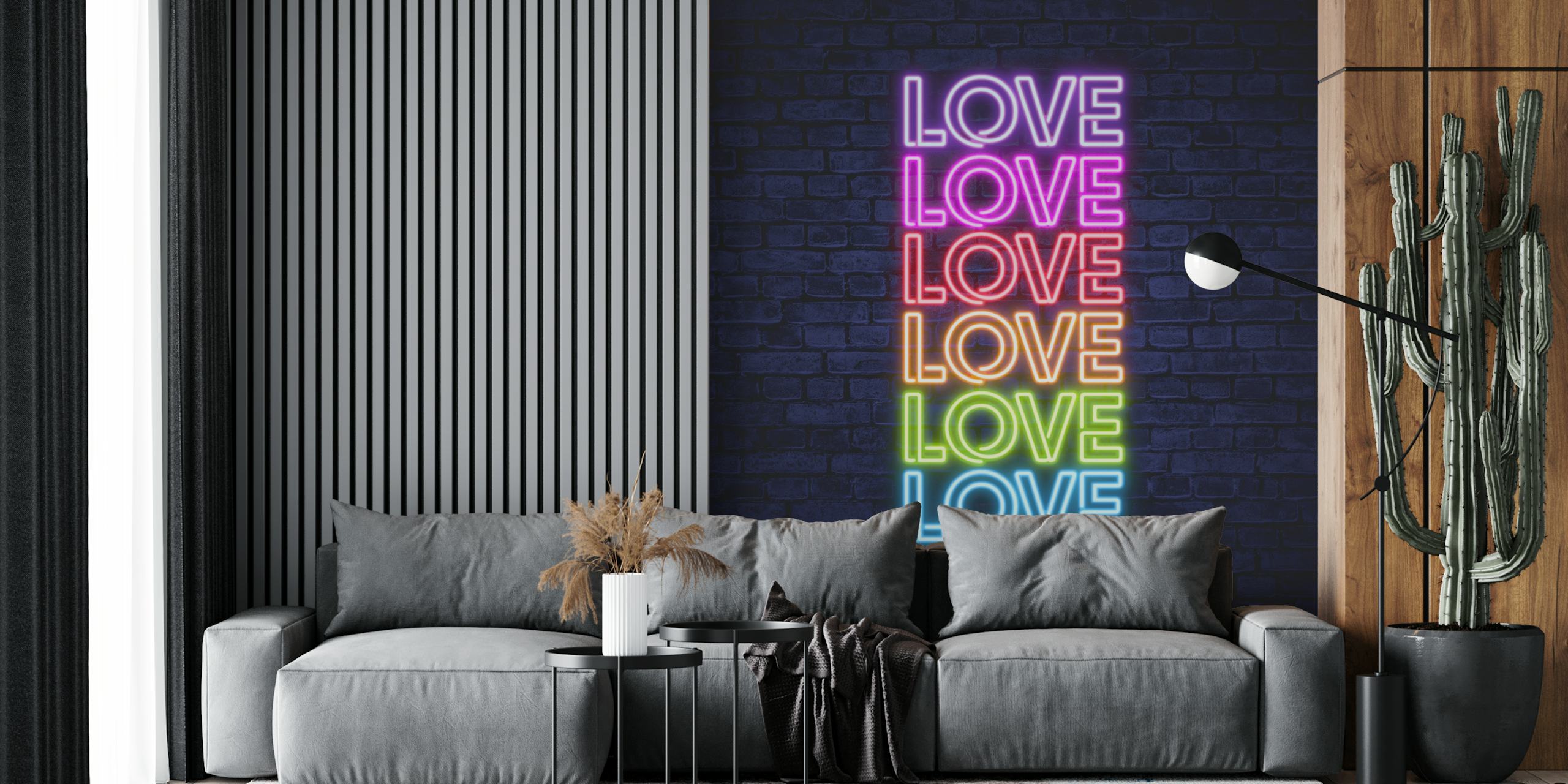 Neon love typography in pink, blue, and yellow on a brick wall background wall mural