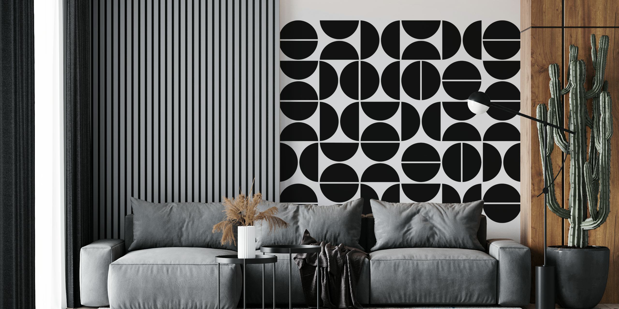 Black and white geometric pattern featuring circles and semi-circles wallpaper