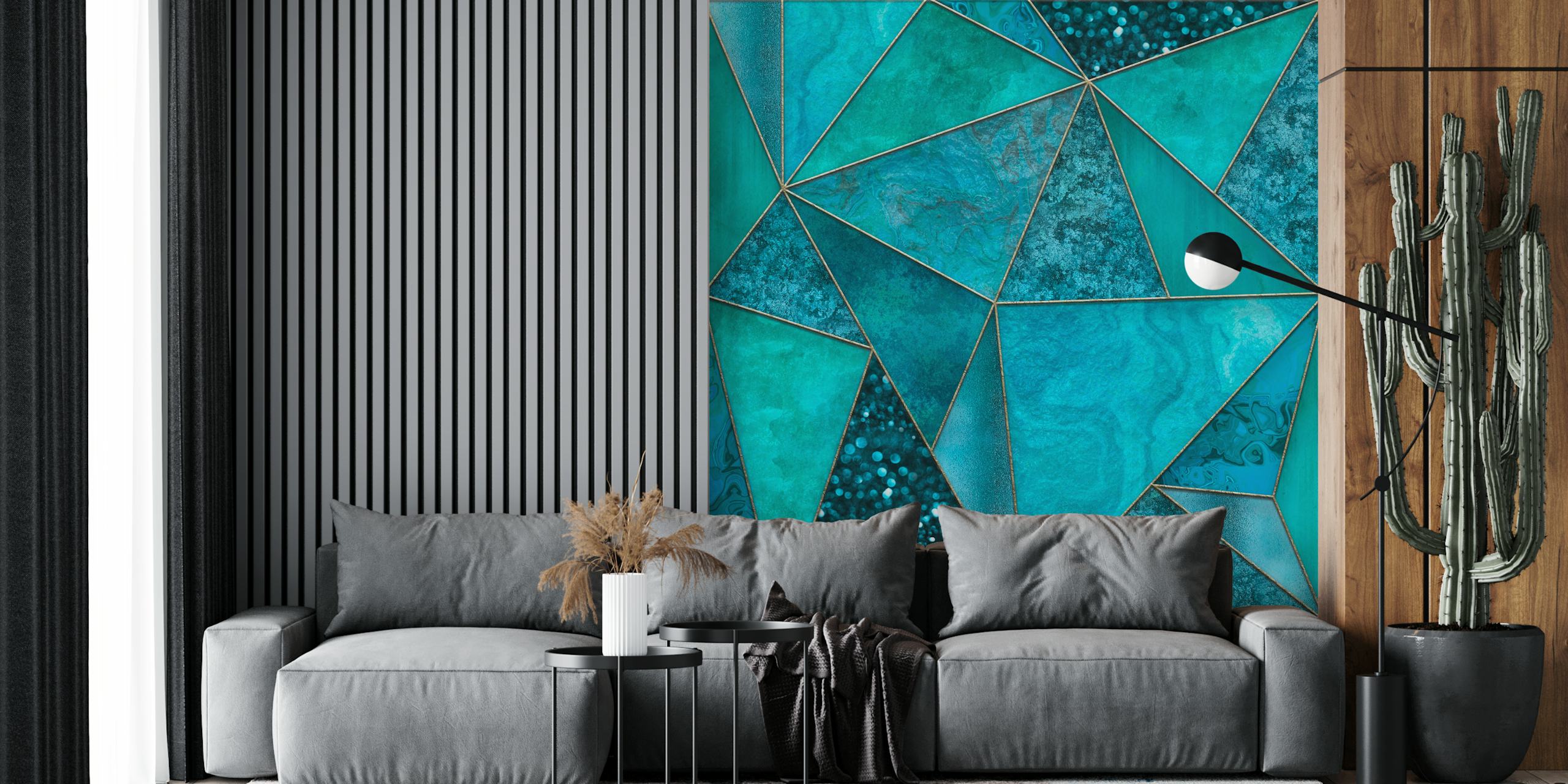 Luxury teal marble triangles wallpaper in a room
