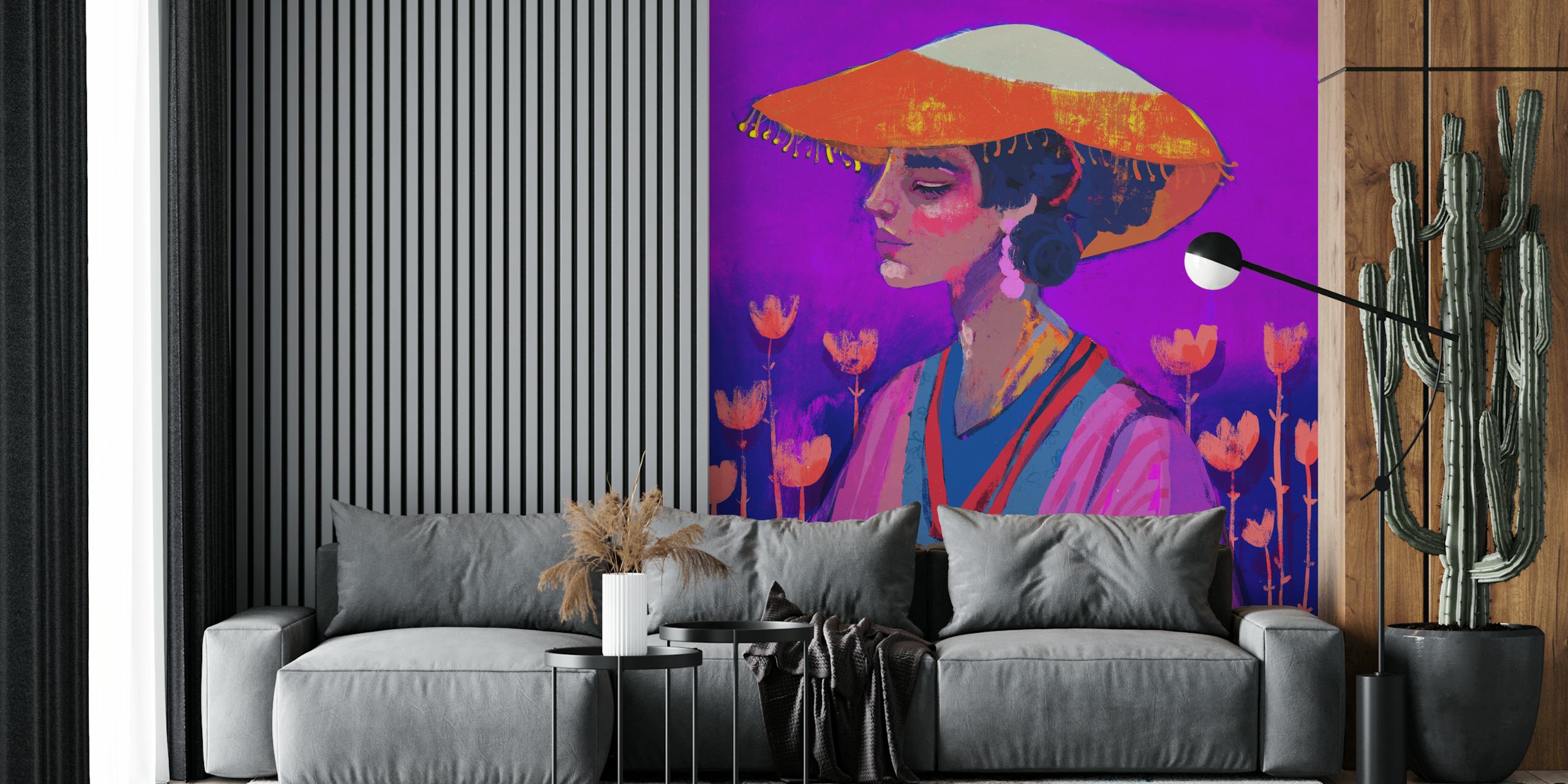 Stylized woman in a garden wall mural with purple background and orange highlights