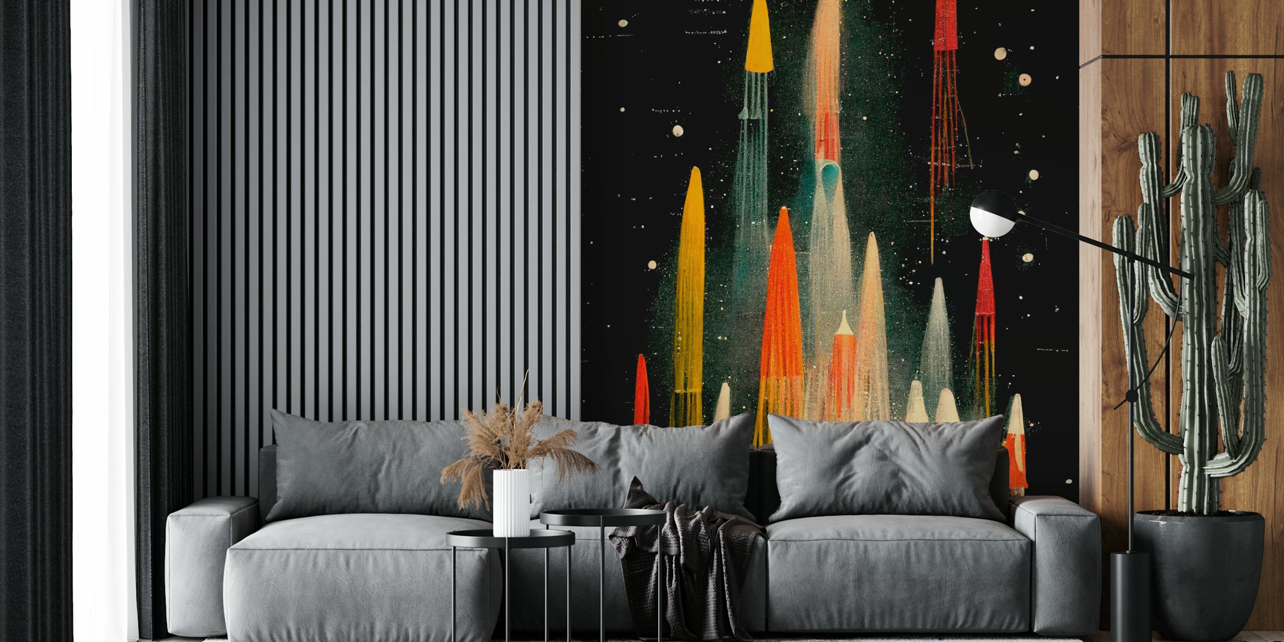 Foguetes de estilo vintage subindo em um fotomural vinílico de parede de céu noturno estrelado