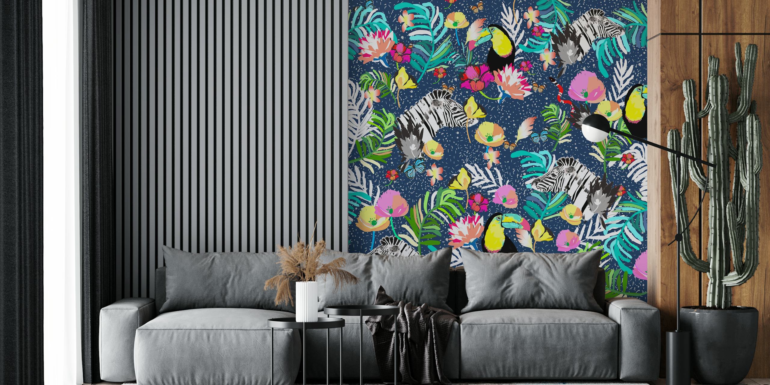 Wandbild mit tropischem Dschungelmotiv, leuchtenden Farben und exotischen Tieren.