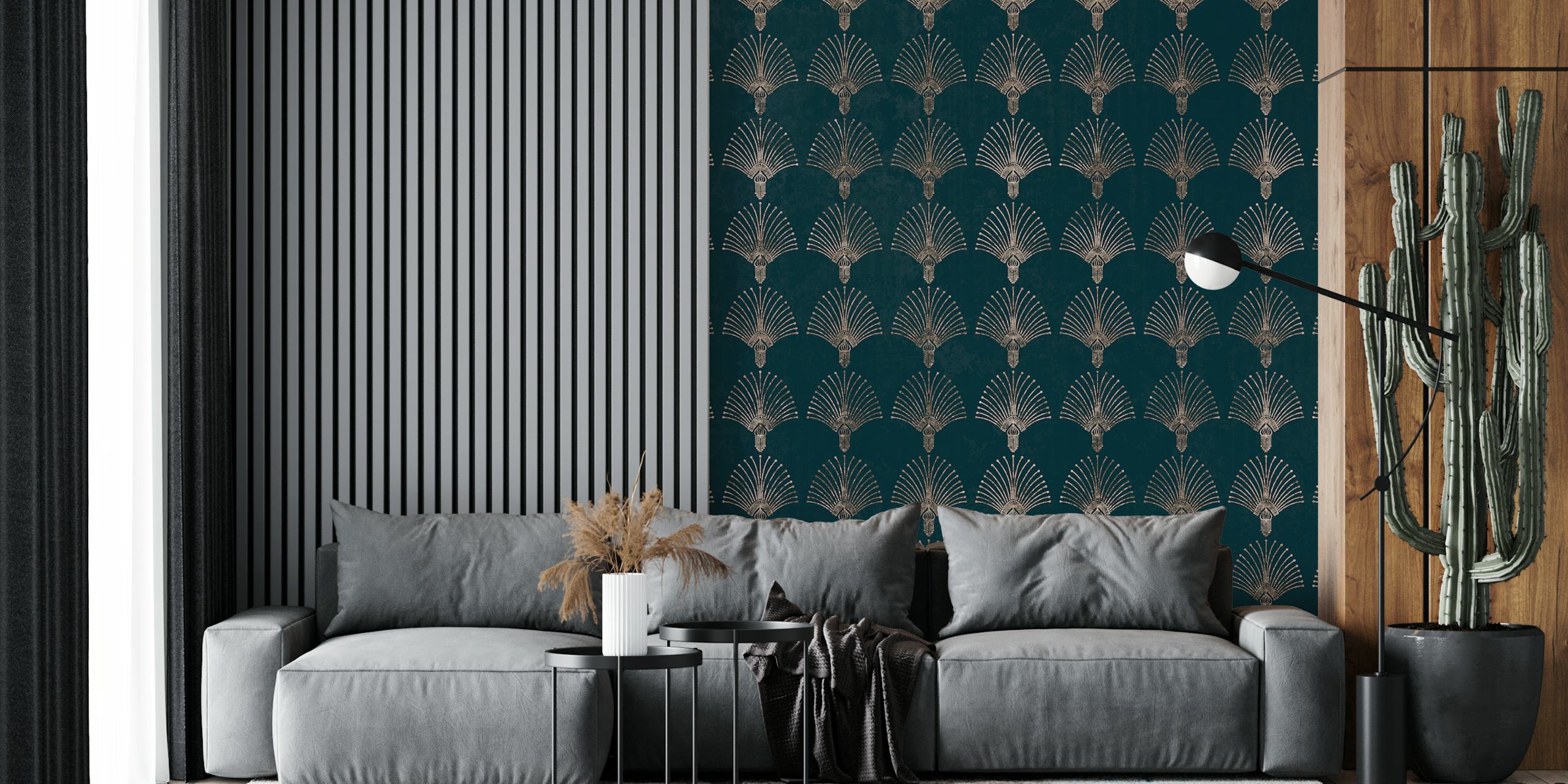 Fototapeta w stylu Art Deco z turkusowymi i złotymi wzorami geometrycznymi na happywall.com