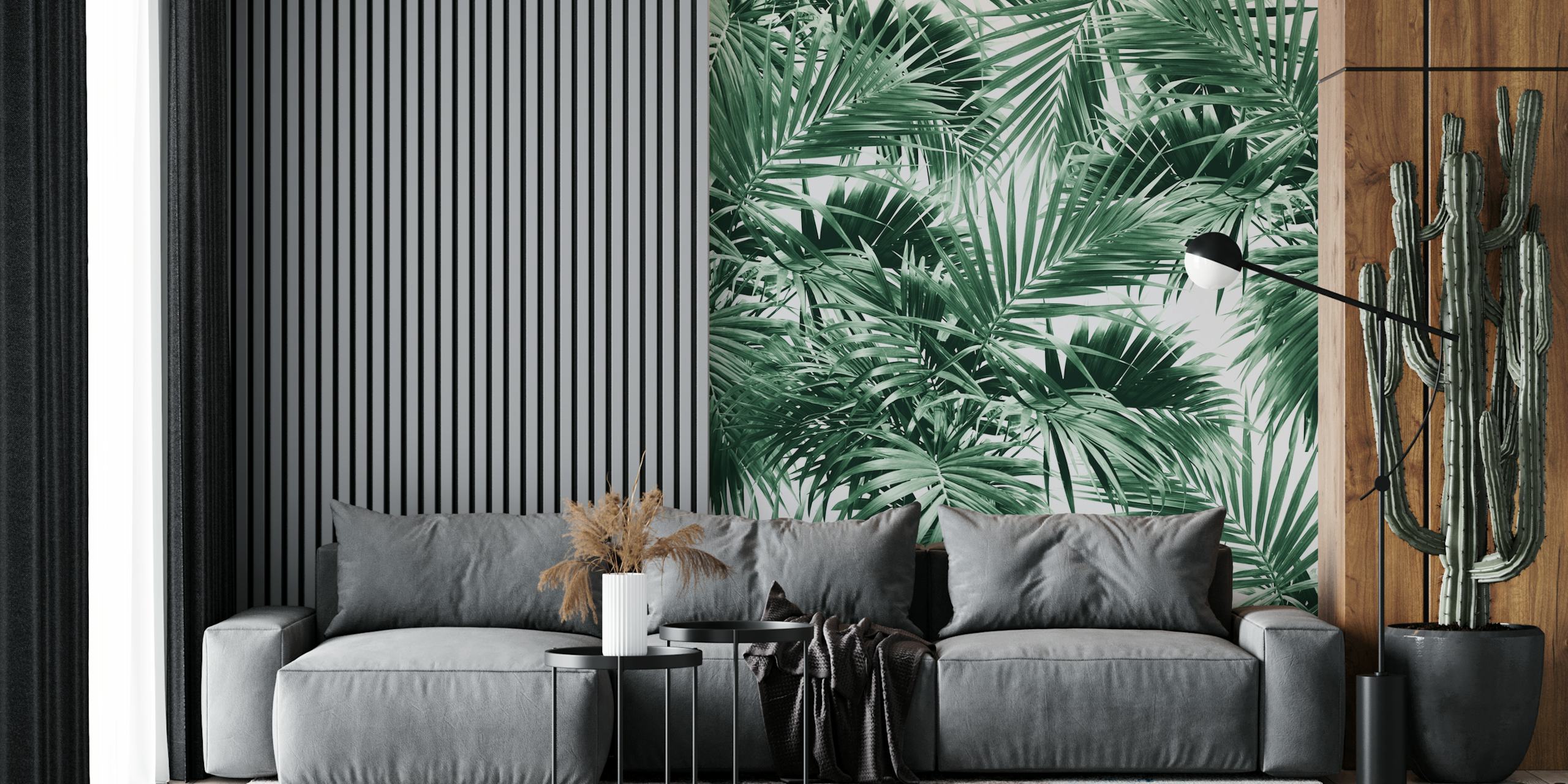 Tropical palm leaf pattern in green tones wallpaper