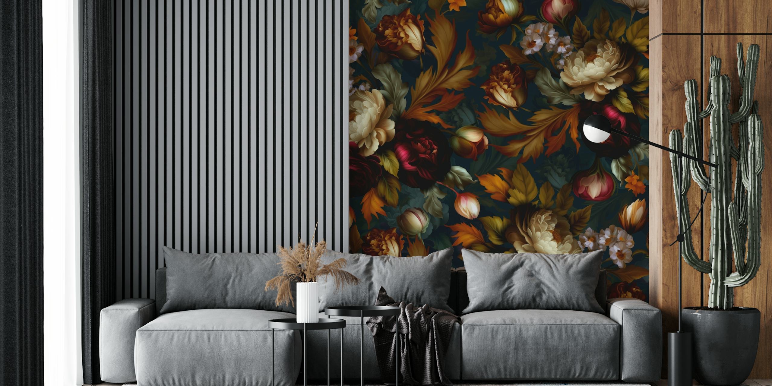 Dark floral pattern with burgundy, cream, and gold colors wallpaper