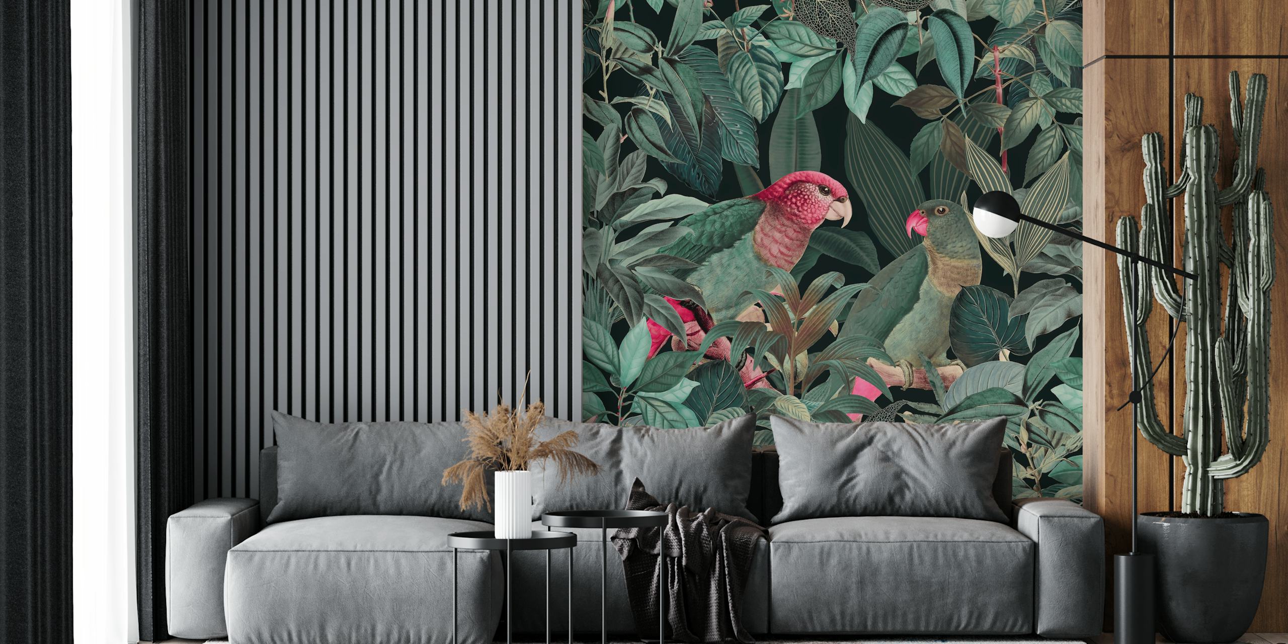 Parrots Green Jungle Paradise wall mural featuring tropical birds and foliage.