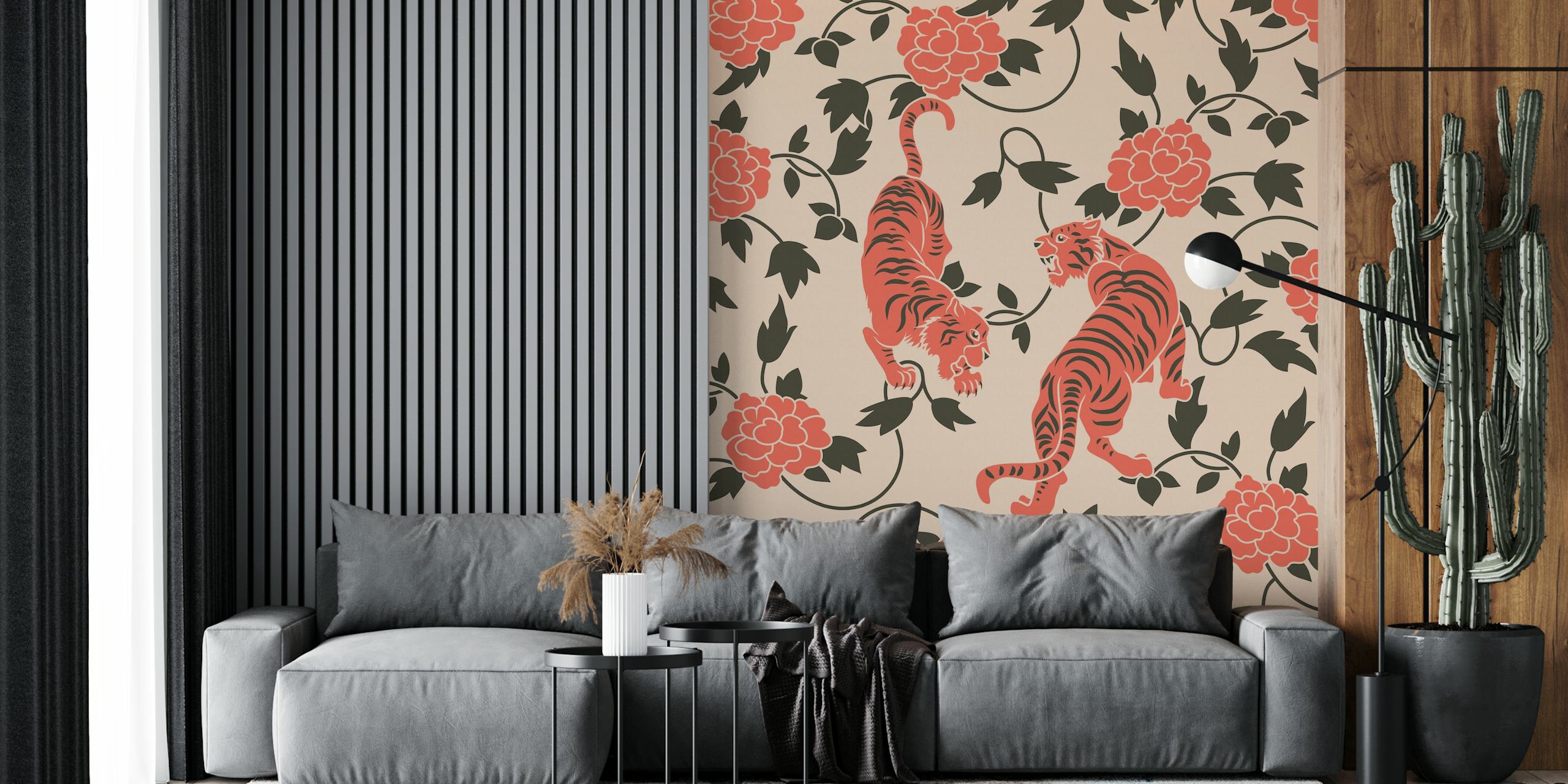 Chinese Vintage Tigers Floral Wallpaper