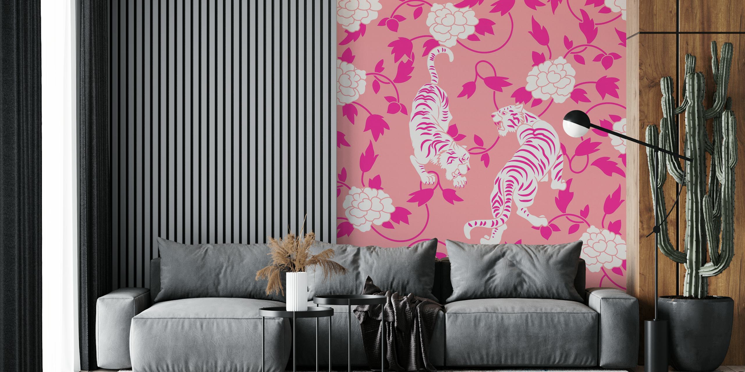 Vintage Chinese pink tigers mural in a room