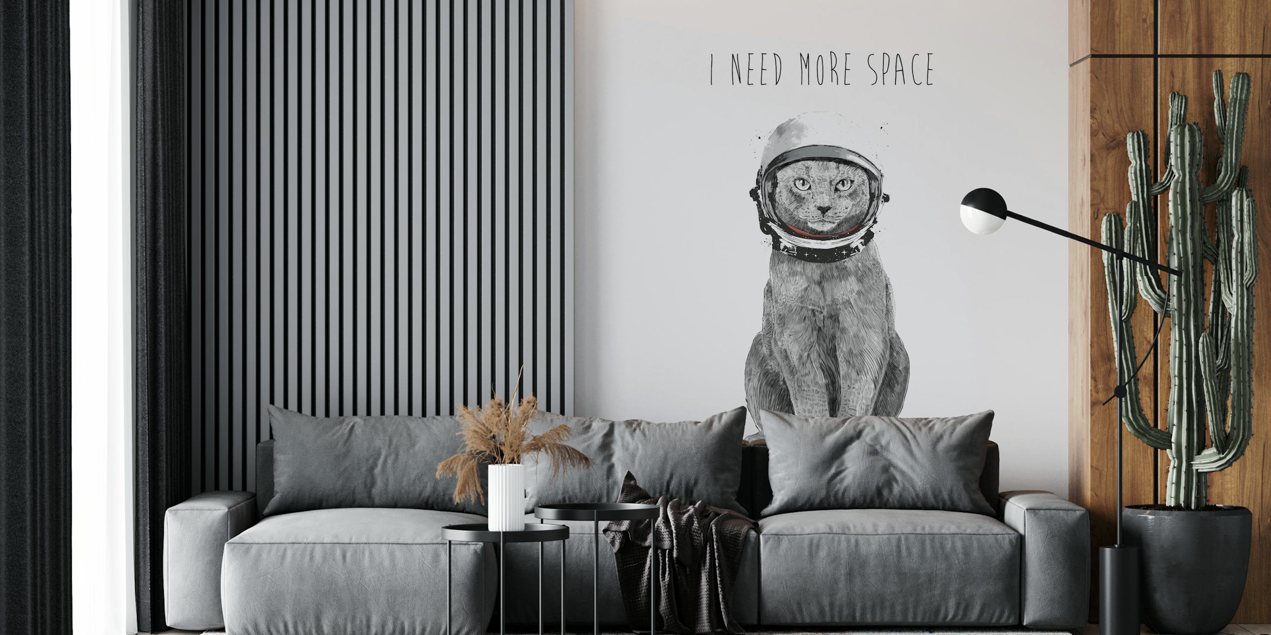 Fotomural gato con casco de astronauta y texto Necesito más espacio
