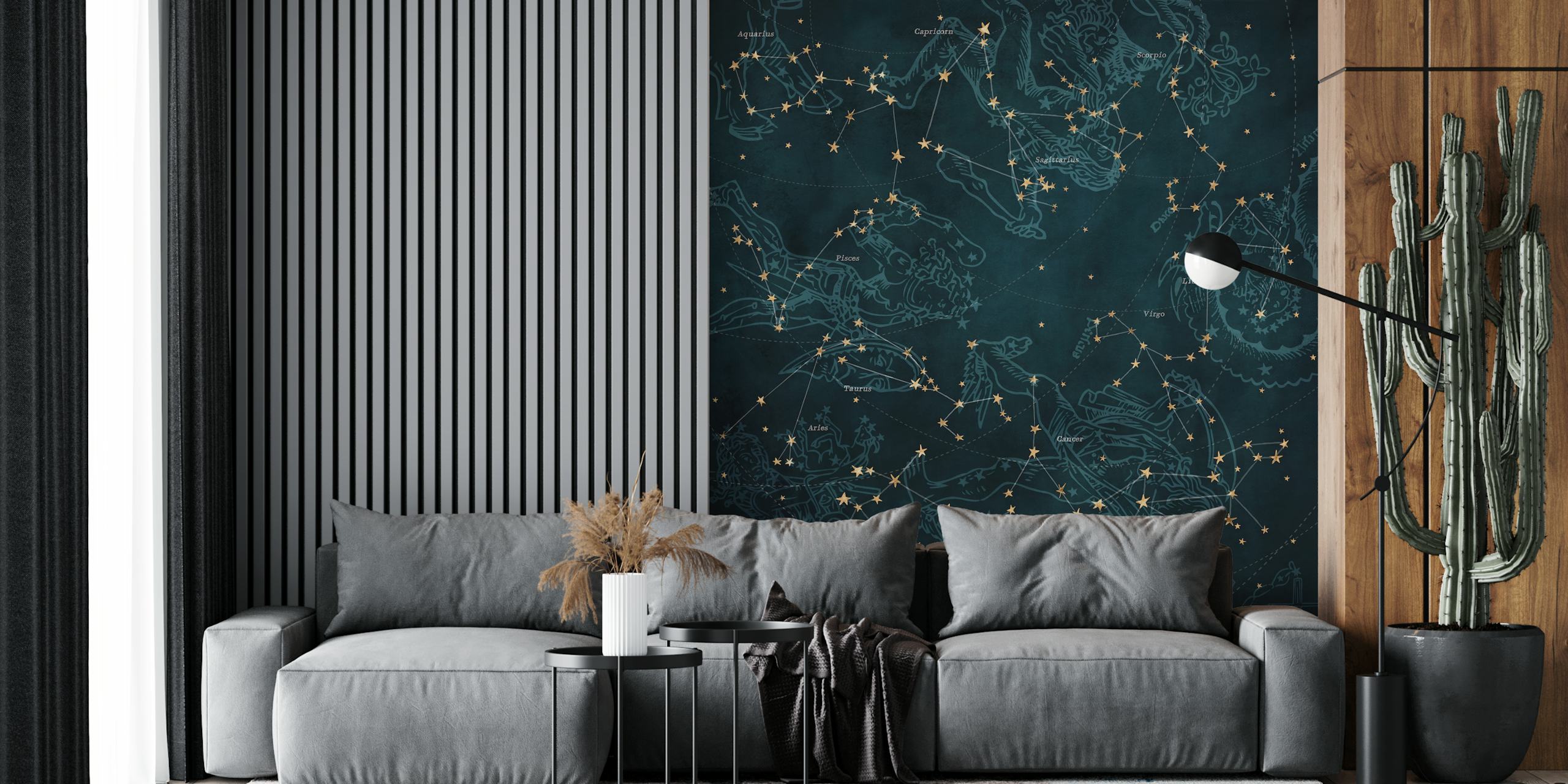 Petrol starry constellation wallpaper with gold outlines in celestial style