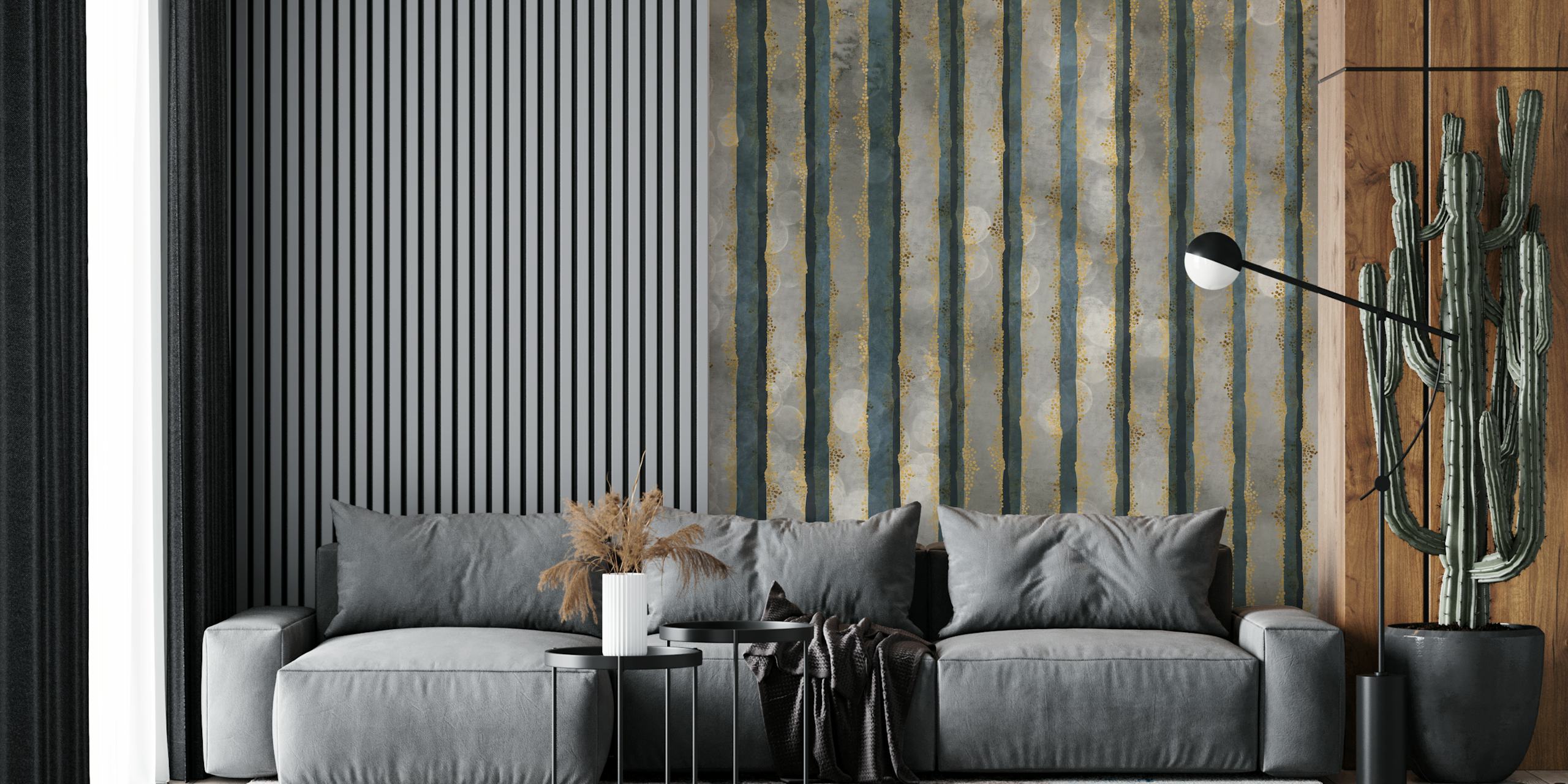 Grey and gold striped wallpaper with a texture effect