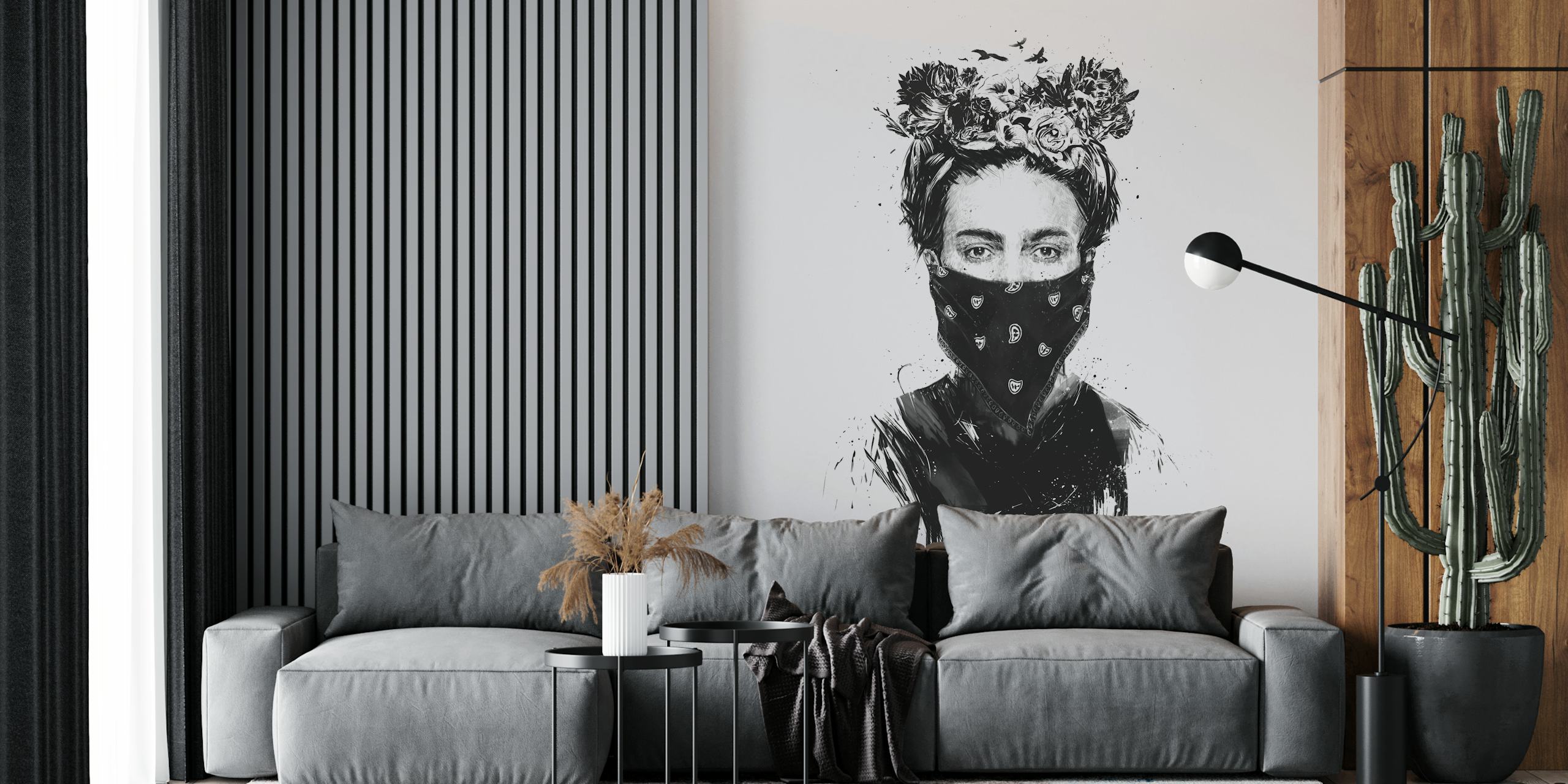 Black and white wall mural of a girl with a flower crown and a patterned scarf over her face