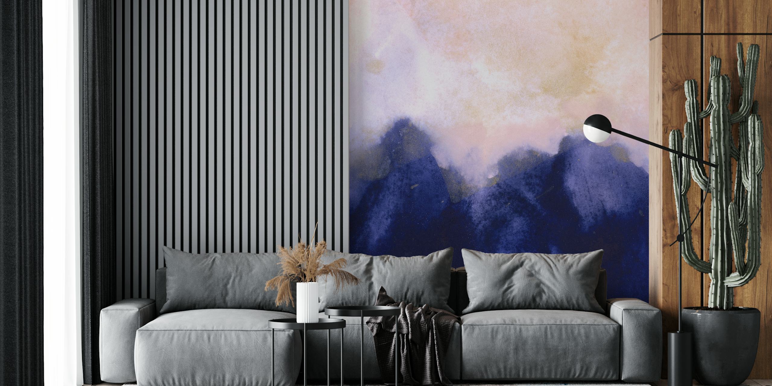 Watercolor mountain design in blue and beige hues wallpaper