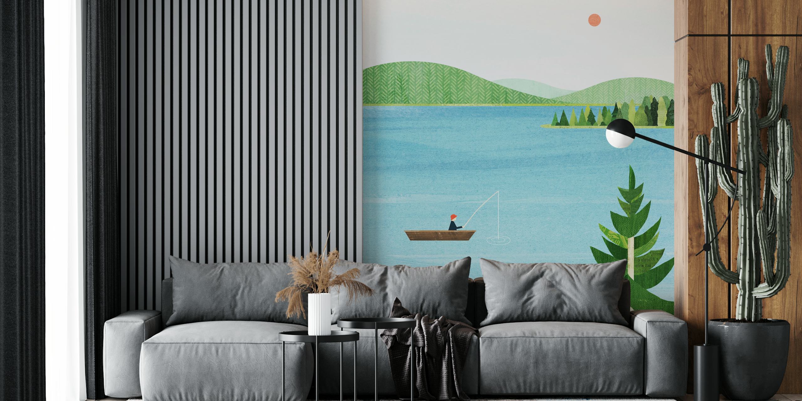 Illustrated wall mural of a person fishing on a calm lake with rolling hills and pine trees